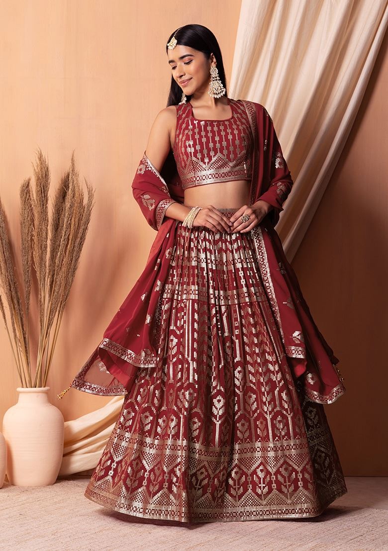 Maroon Georgette Lehenga Choli With Sequins & Thread Embroidery Work