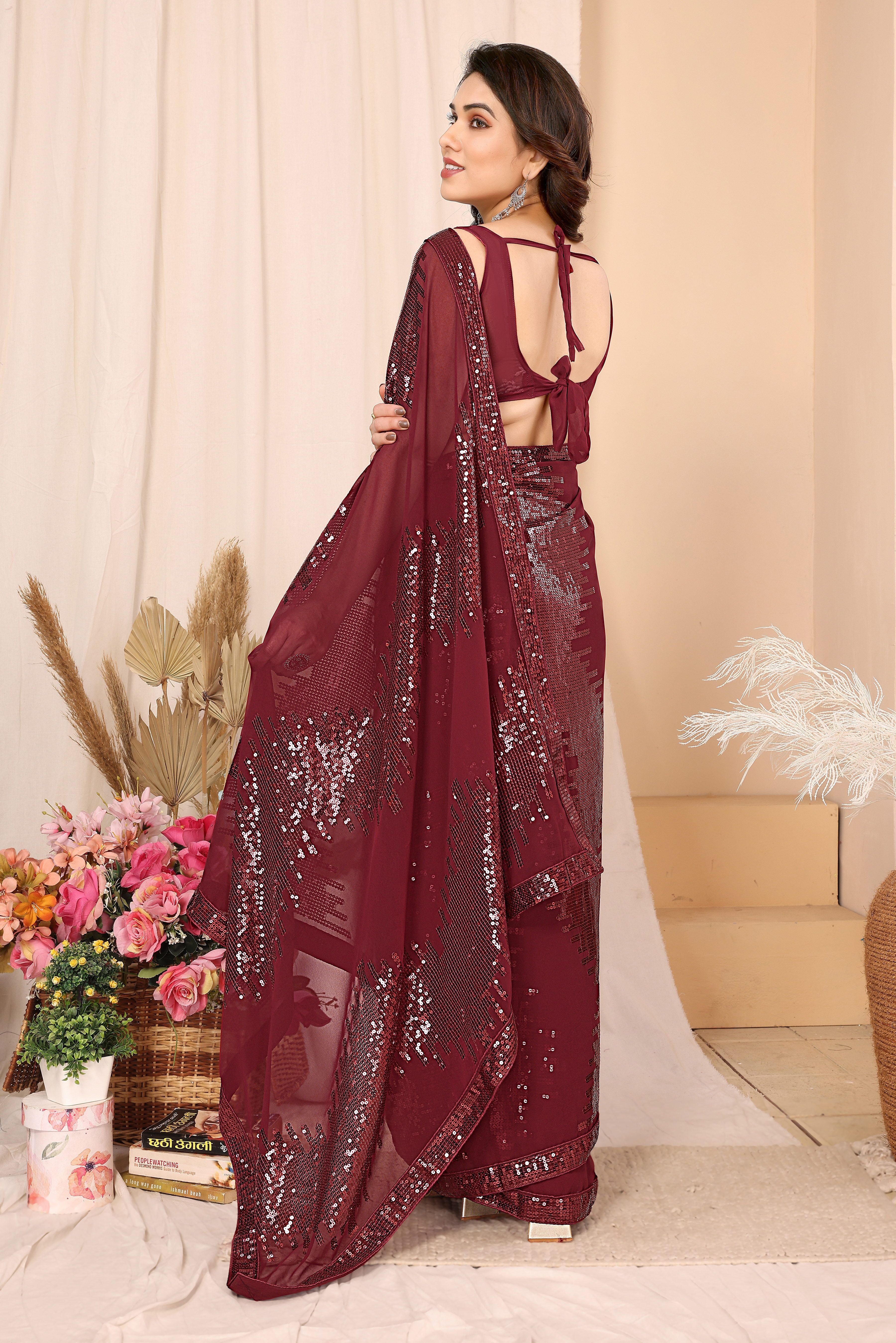 Maroon Georgette Ready To Wear Sequins Embroidered Saree