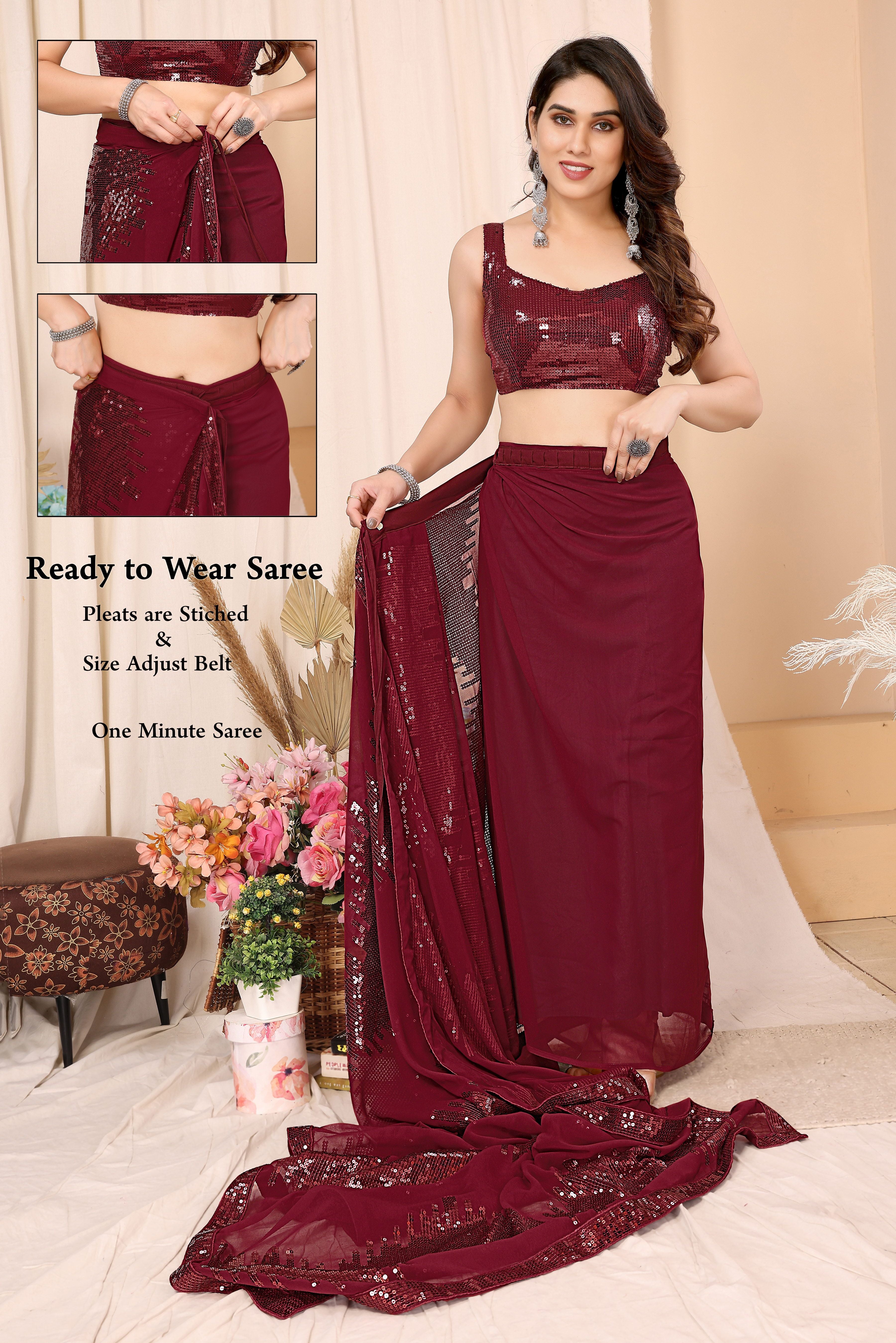 Maroon Georgette Ready To Wear Sequins Embroidered Saree