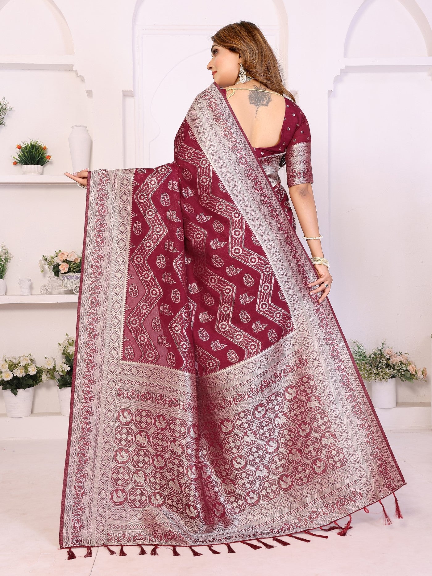 Maroon Georgette Silk Saree With Leheriya And Elegant Zari Weaving