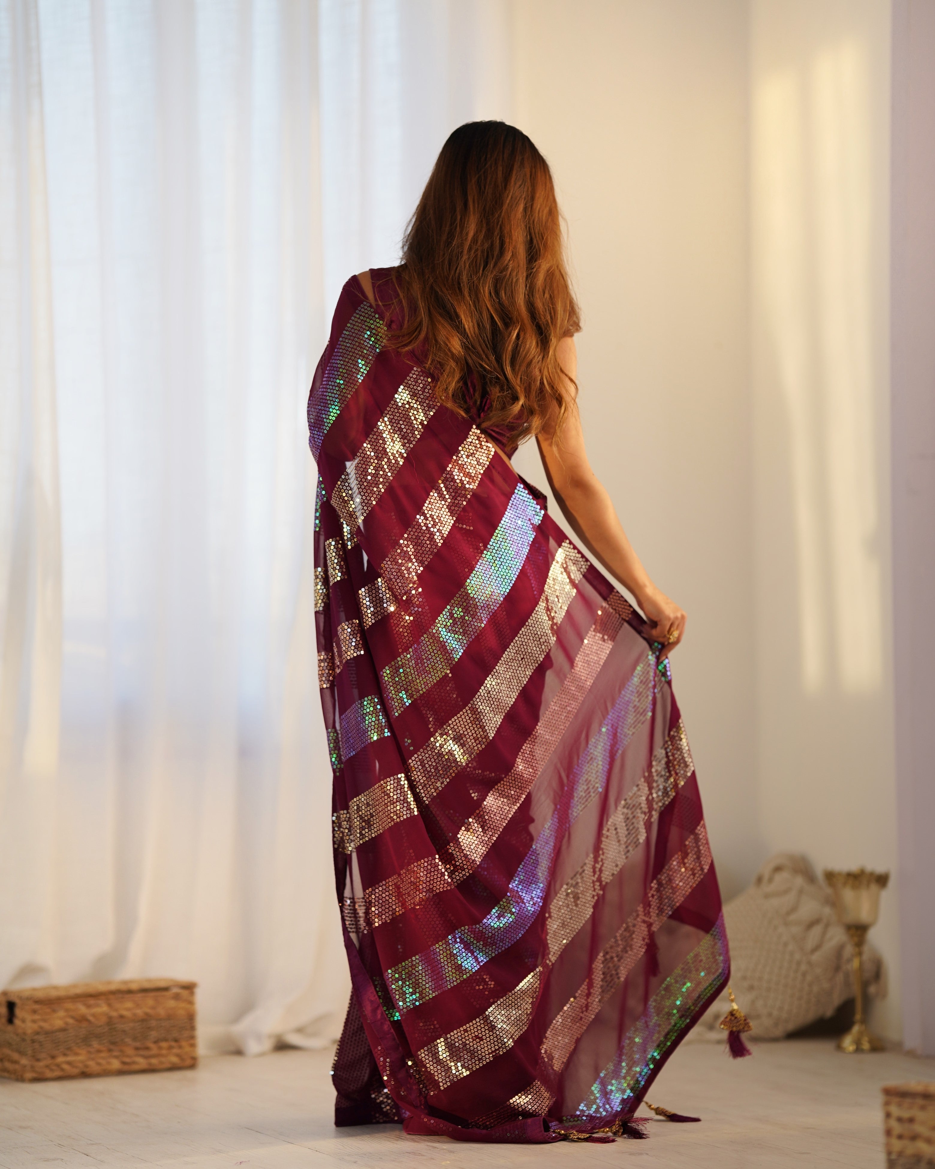 Maroon Glamorous Georgette Fabric Sequins Work Bollywood Looks Saree