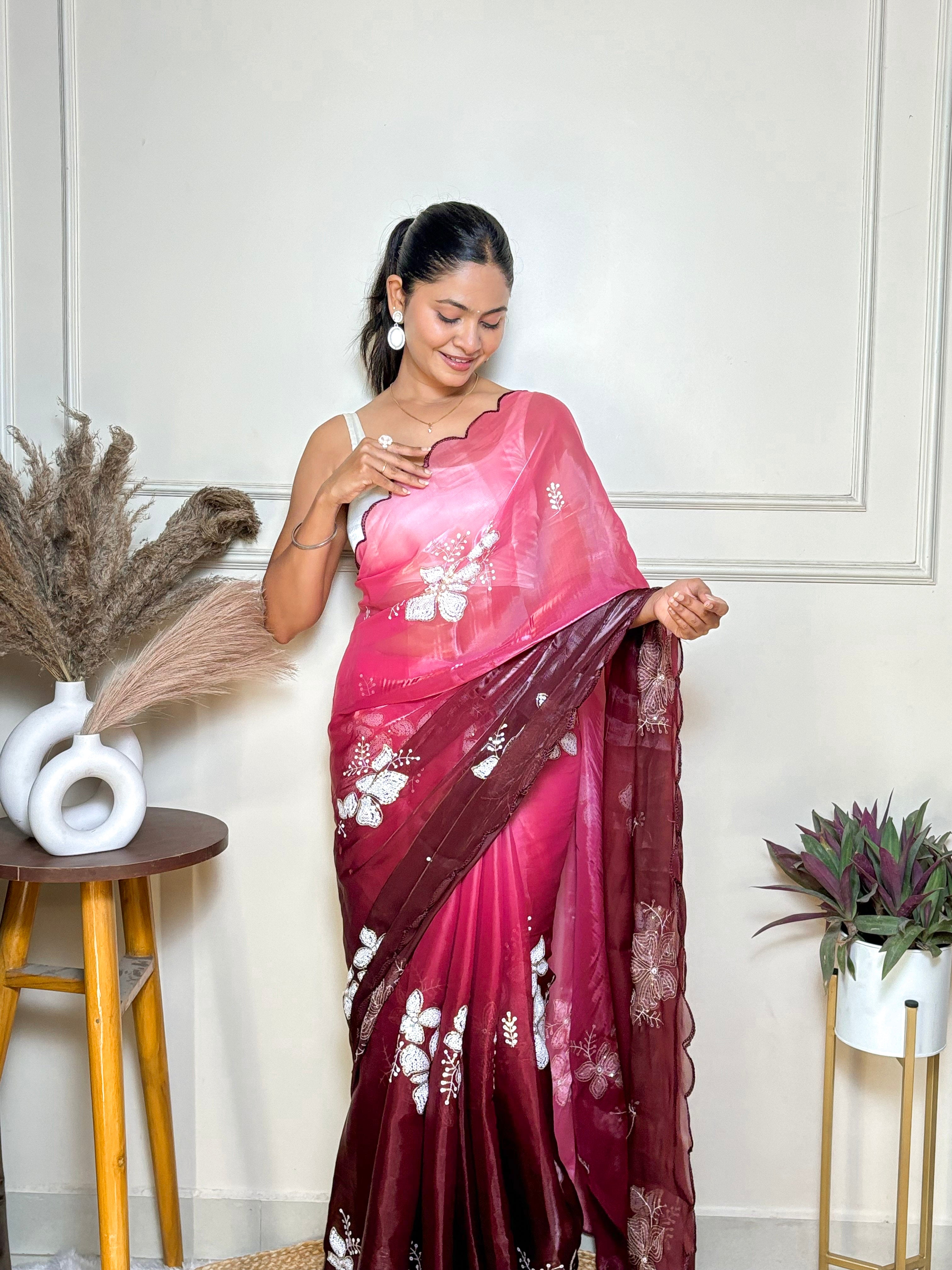 Maroon Jimmy Choo Beautiful Sequins Embroidery Work Bollywood Saree
