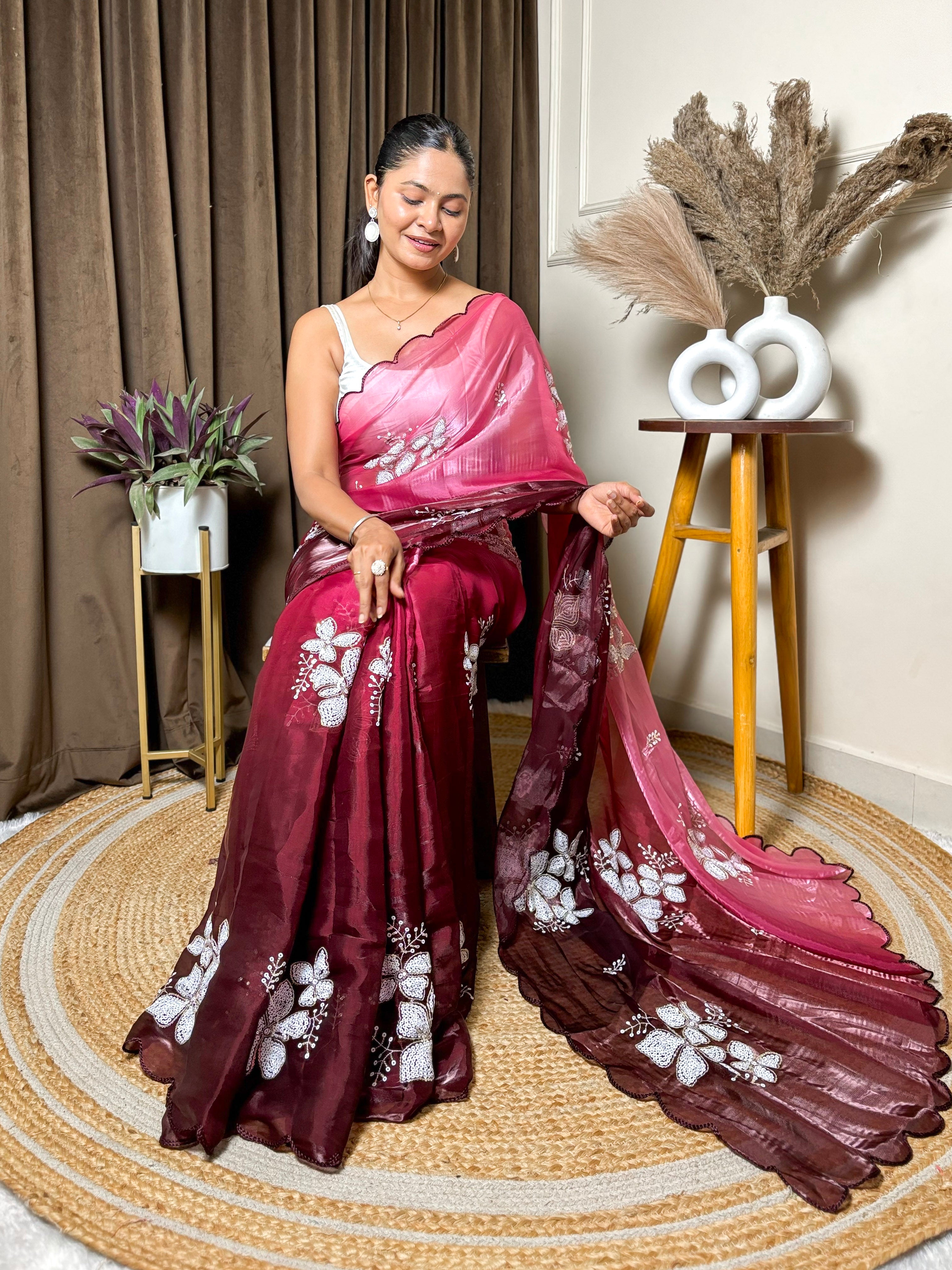 Maroon Jimmy Choo Beautiful Sequins Embroidery Work Bollywood Saree