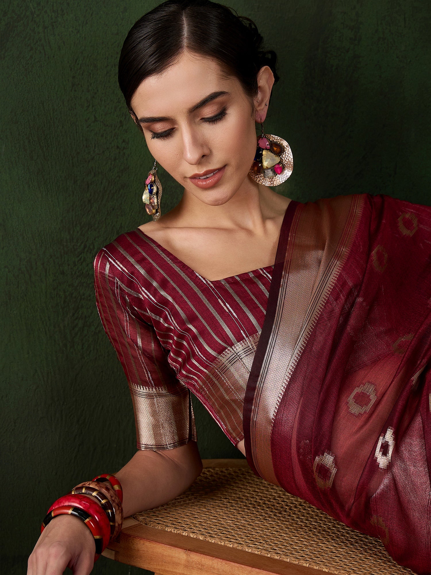 Maroon Khadi Organza Woven Jacquard Designer Graceful Traditional Saree