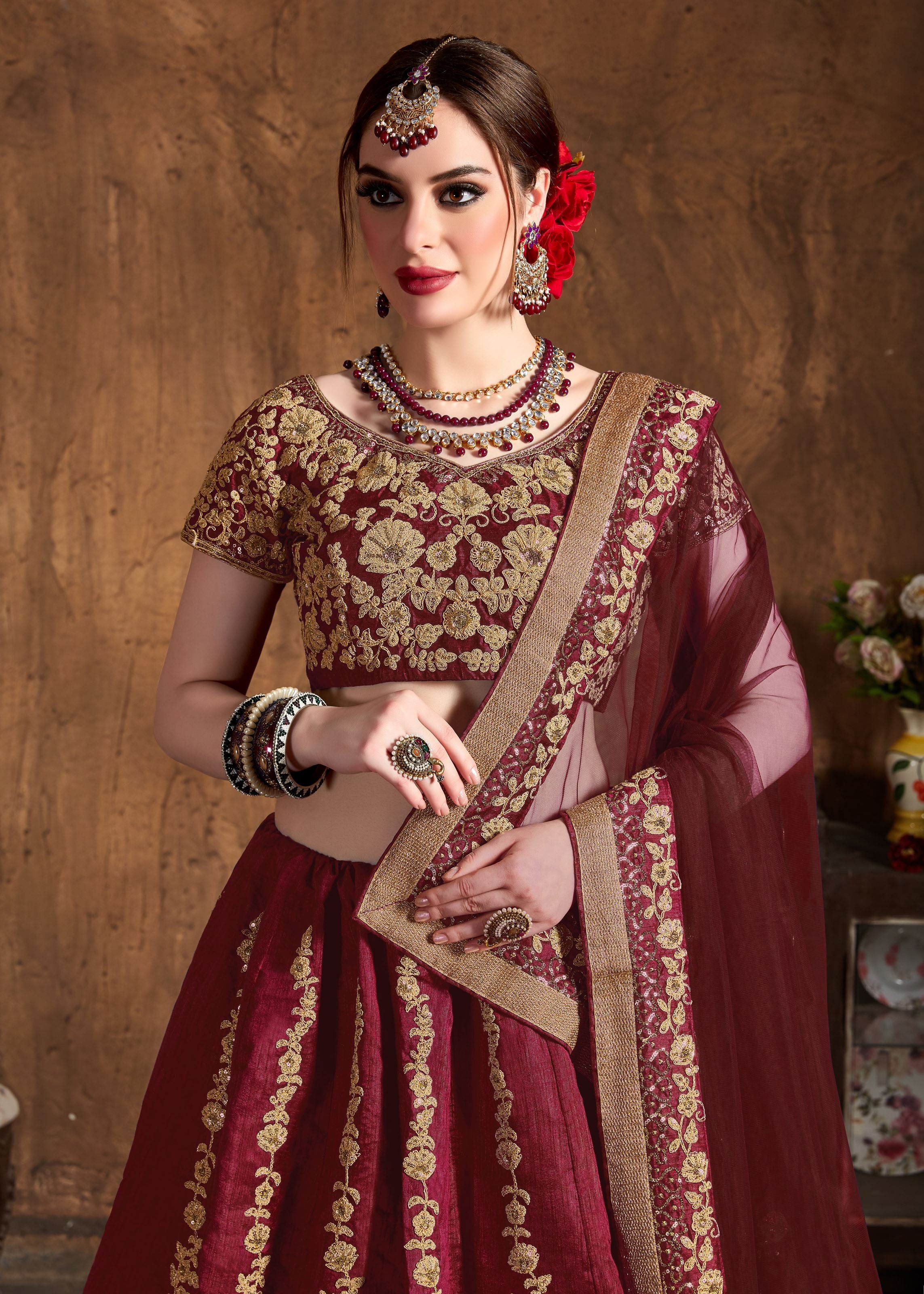 Maroon Lehenga Choli With Dori And Sequins Embroidery