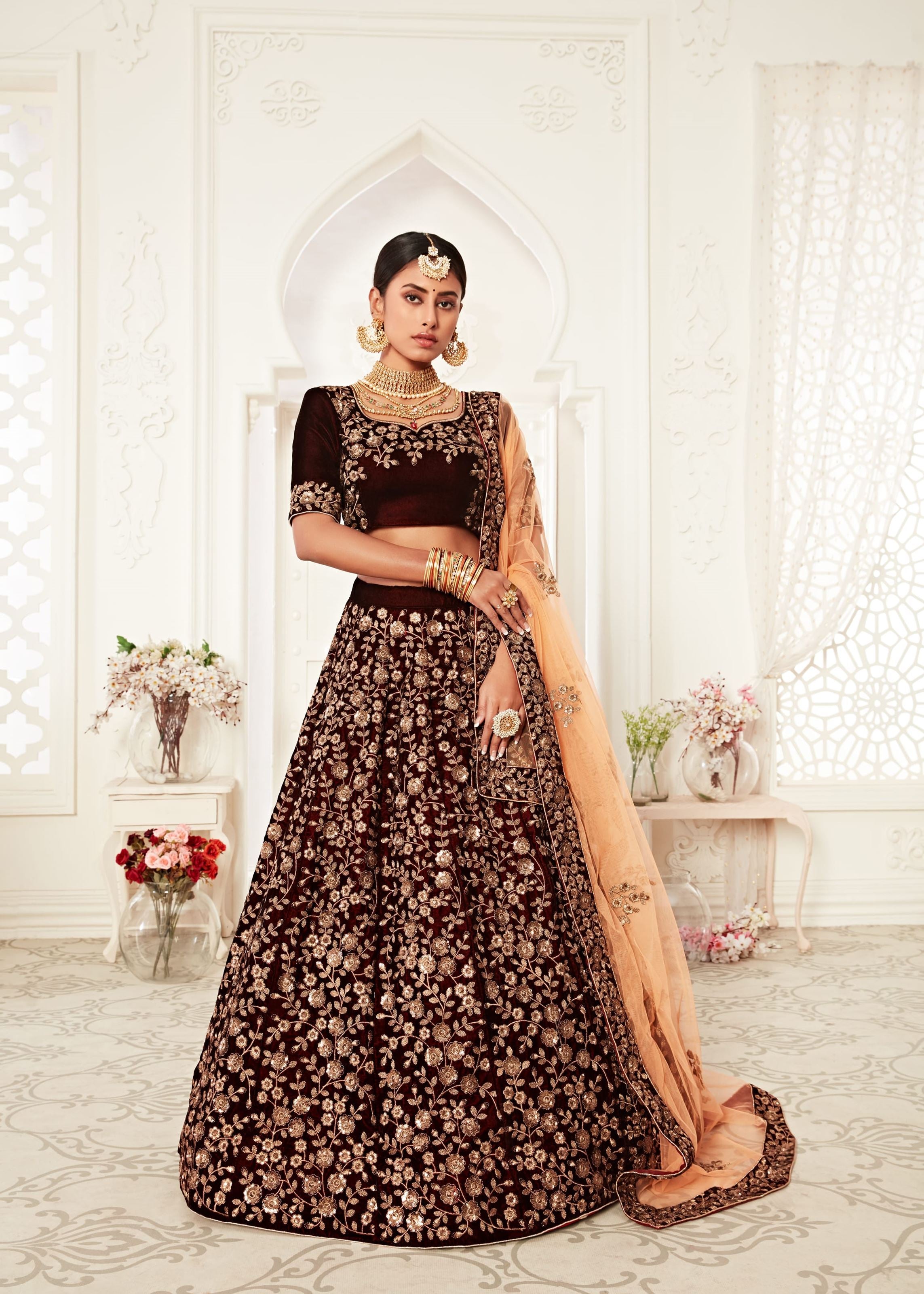 Maroon Lehenga Choli With Thread, Zari And Sequins Embroidery Work