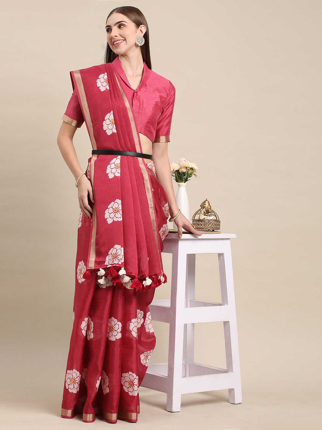 Maroon Linen Printed Casual Wear Saree