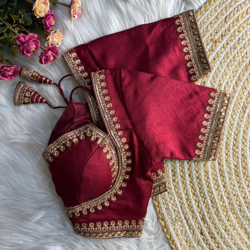 Maroon Luxe Bridal Masaba-Inspired Italian Silk Blouse with Embroidery & Sequins