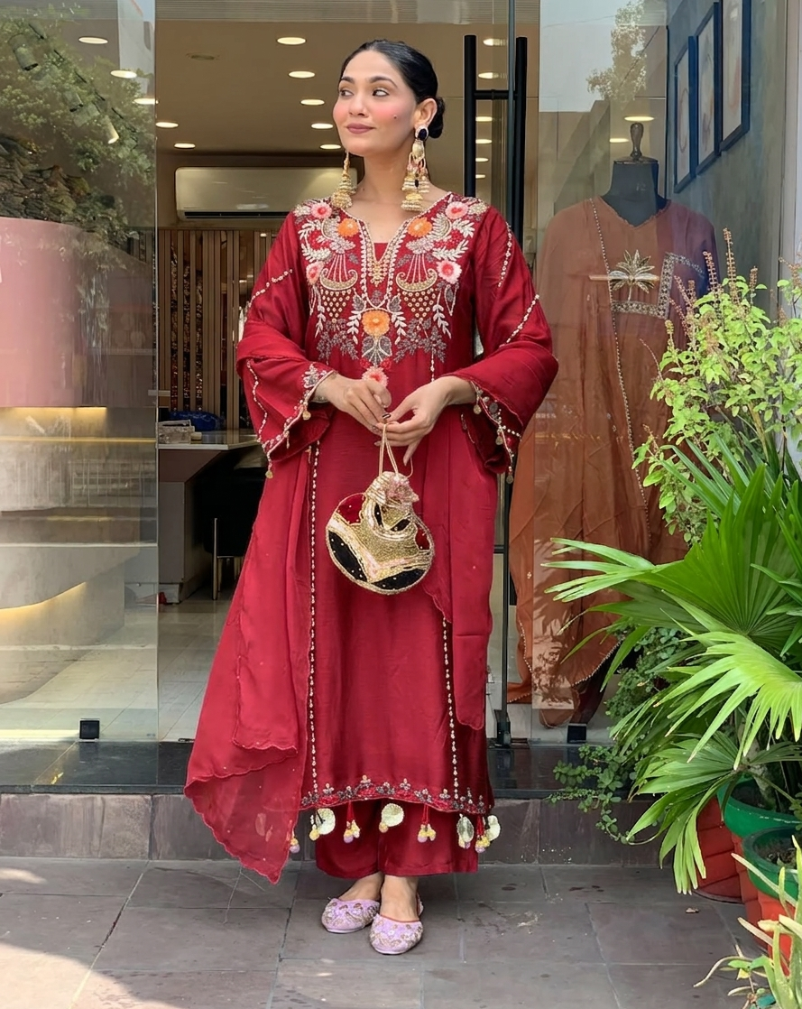 Maroon P.V Chanderi Kurta Pant Set With Heavy Thread Embroidery Work