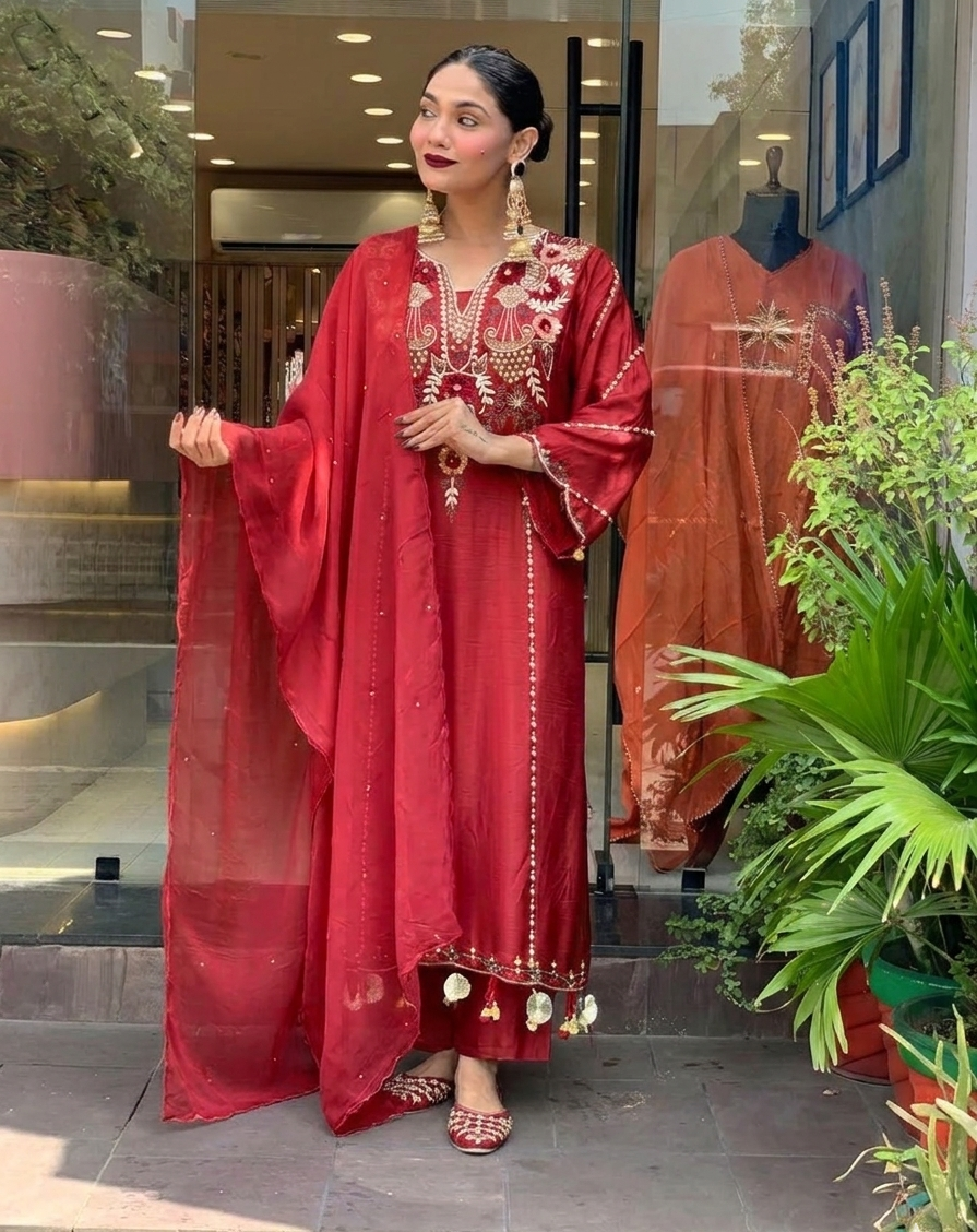 Maroon P.V Chanderi Kurta Pant Set With Heavy Thread Embroidery Work