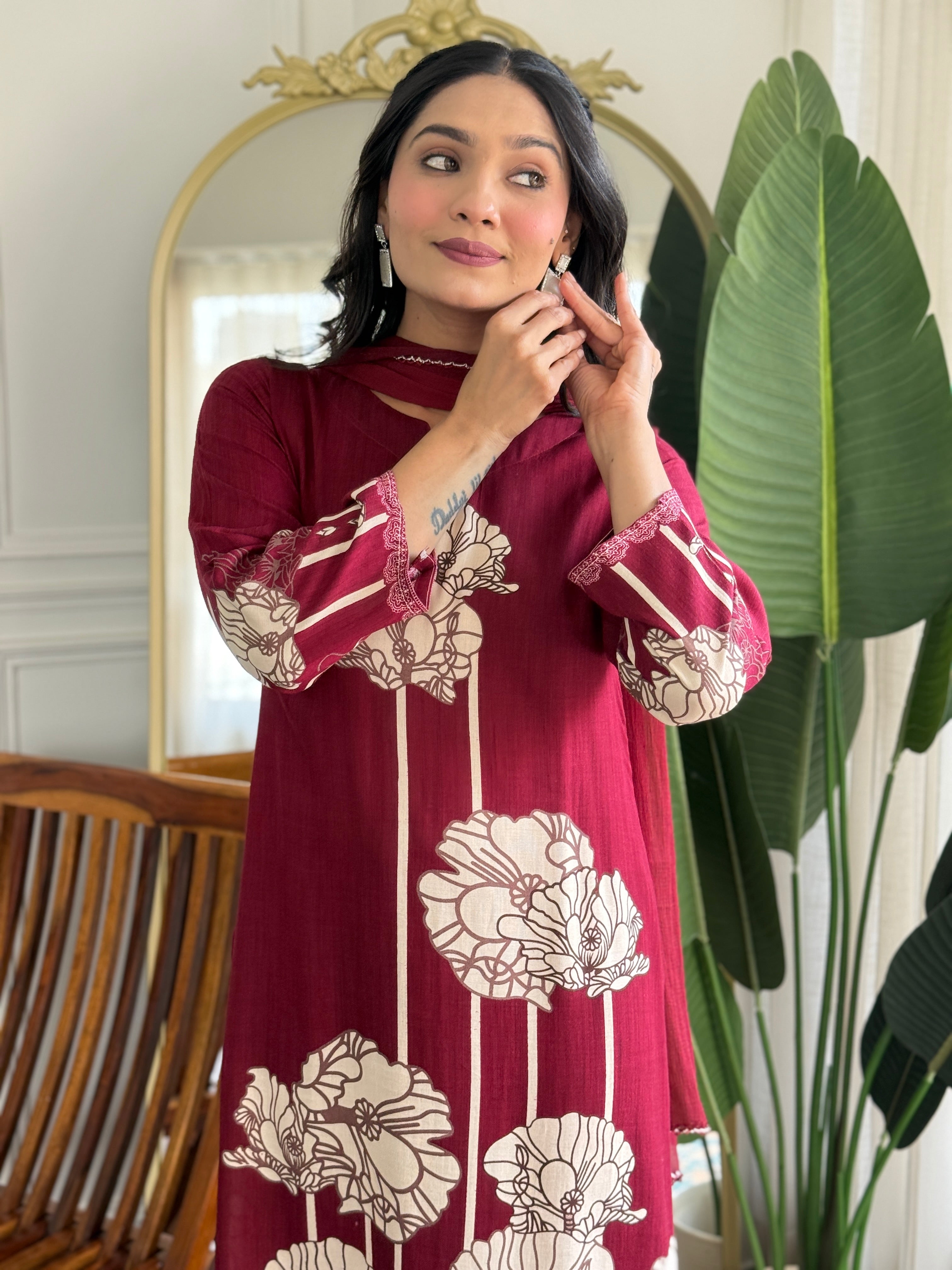 Maroon Pure Viscose Rayon Printed Kurta Pant