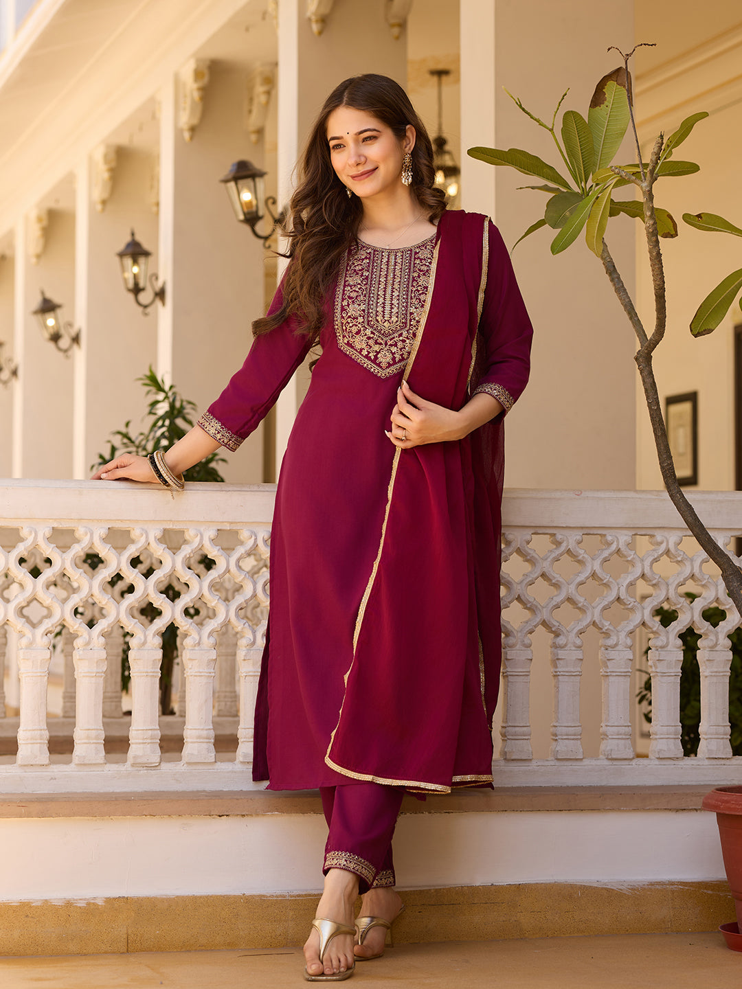 Maroon Rayon Kurta Pant Set With Thread Embroidered With Sequins Work