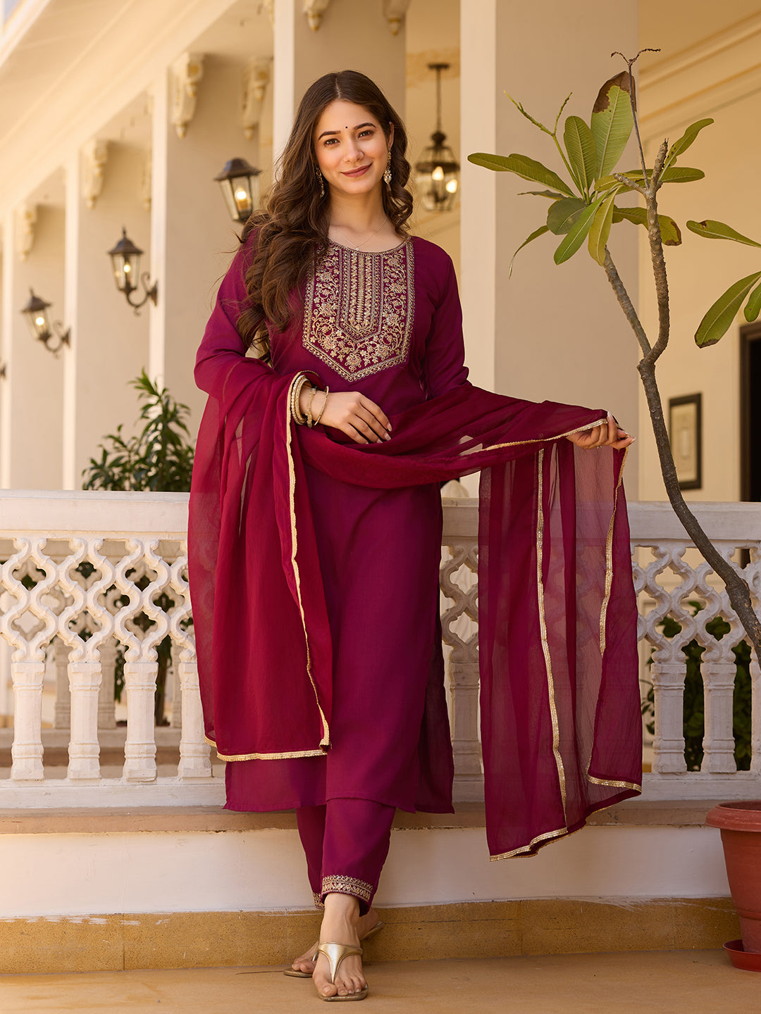 Maroon Rayon Kurta Pant Set With Thread Embroidered With Sequins Work
