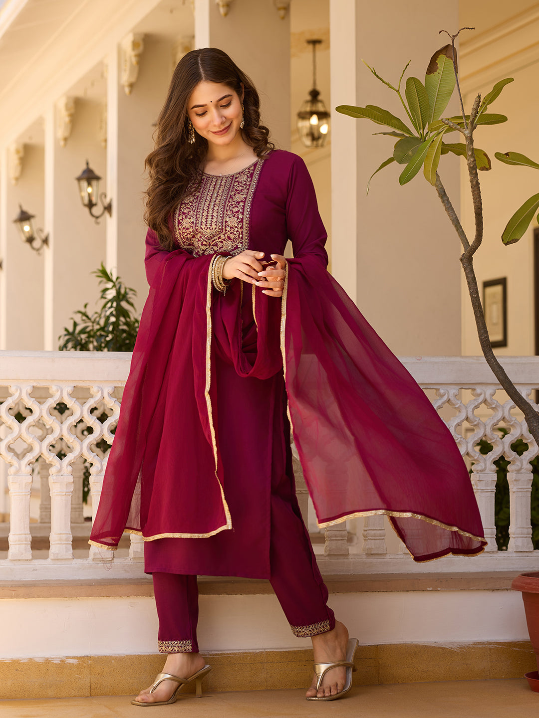 Maroon Rayon Kurta Pant Set With Thread Embroidered With Sequins Work