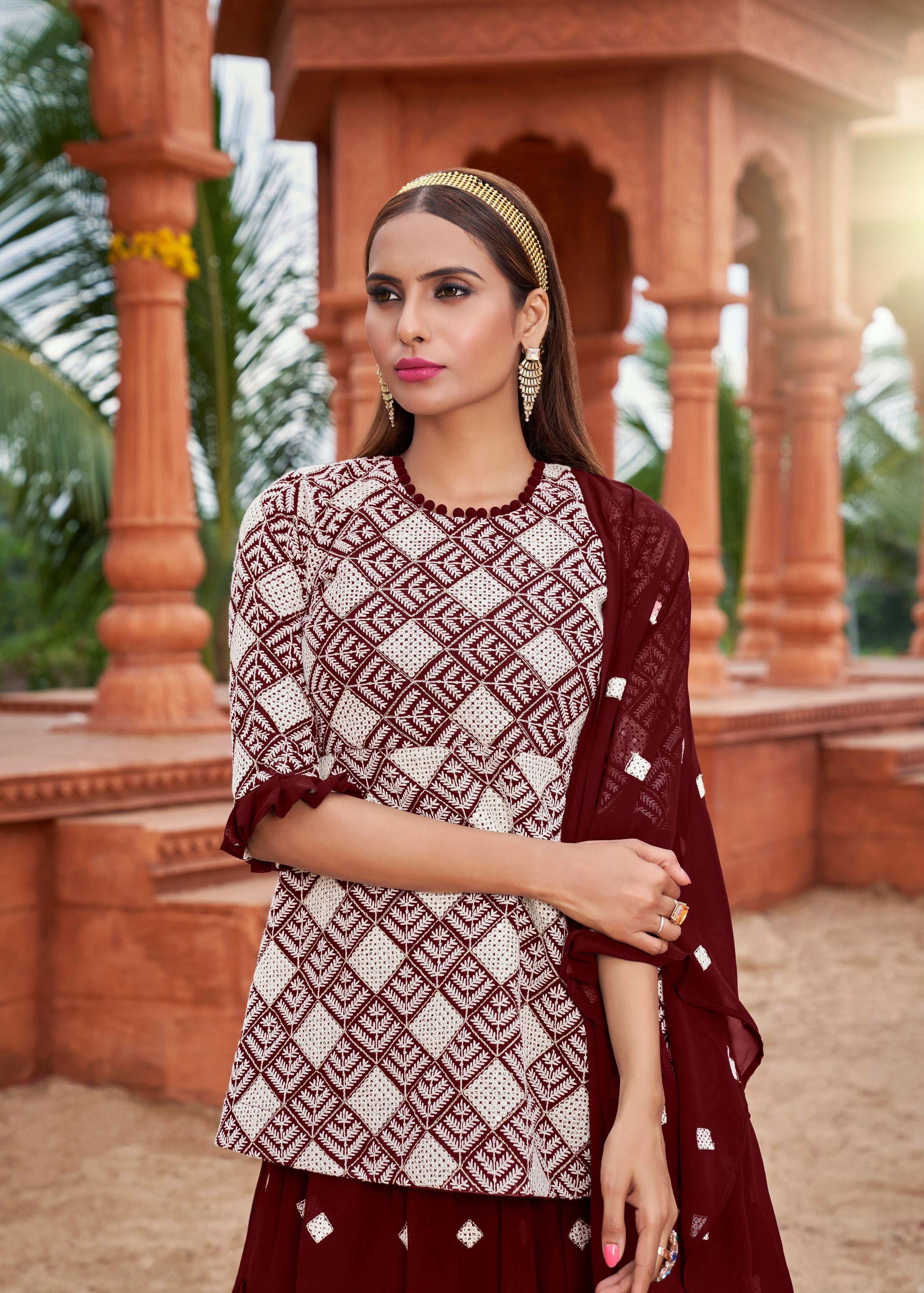 Maroon Sarara Suite With Heavy Fox Georgette And Cotton Embroidery Work