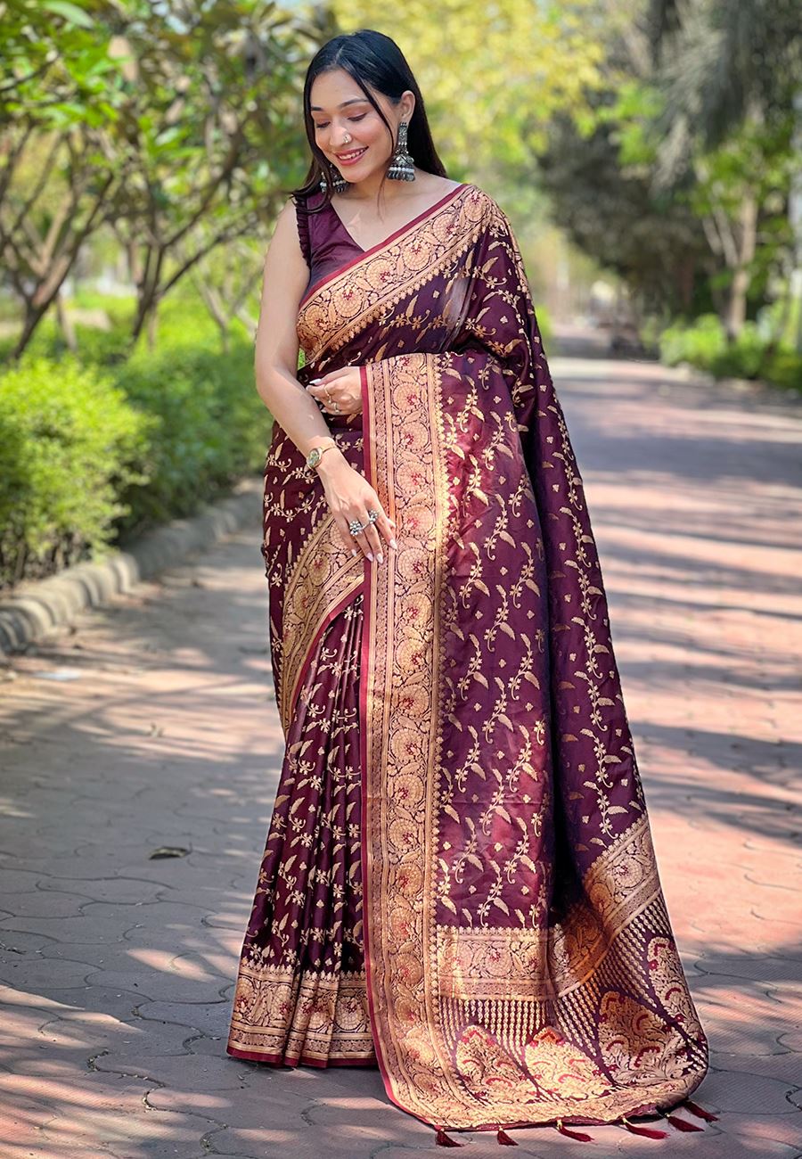 Maroon Satin Saree With Woven Work