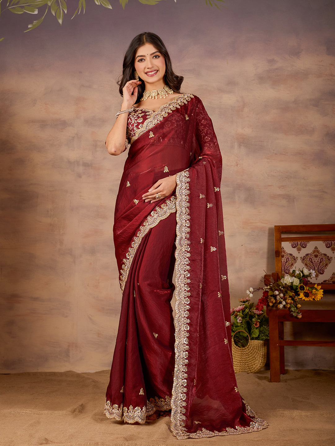 Maroon Satin Silk Royal Designer Saree With Embroidery