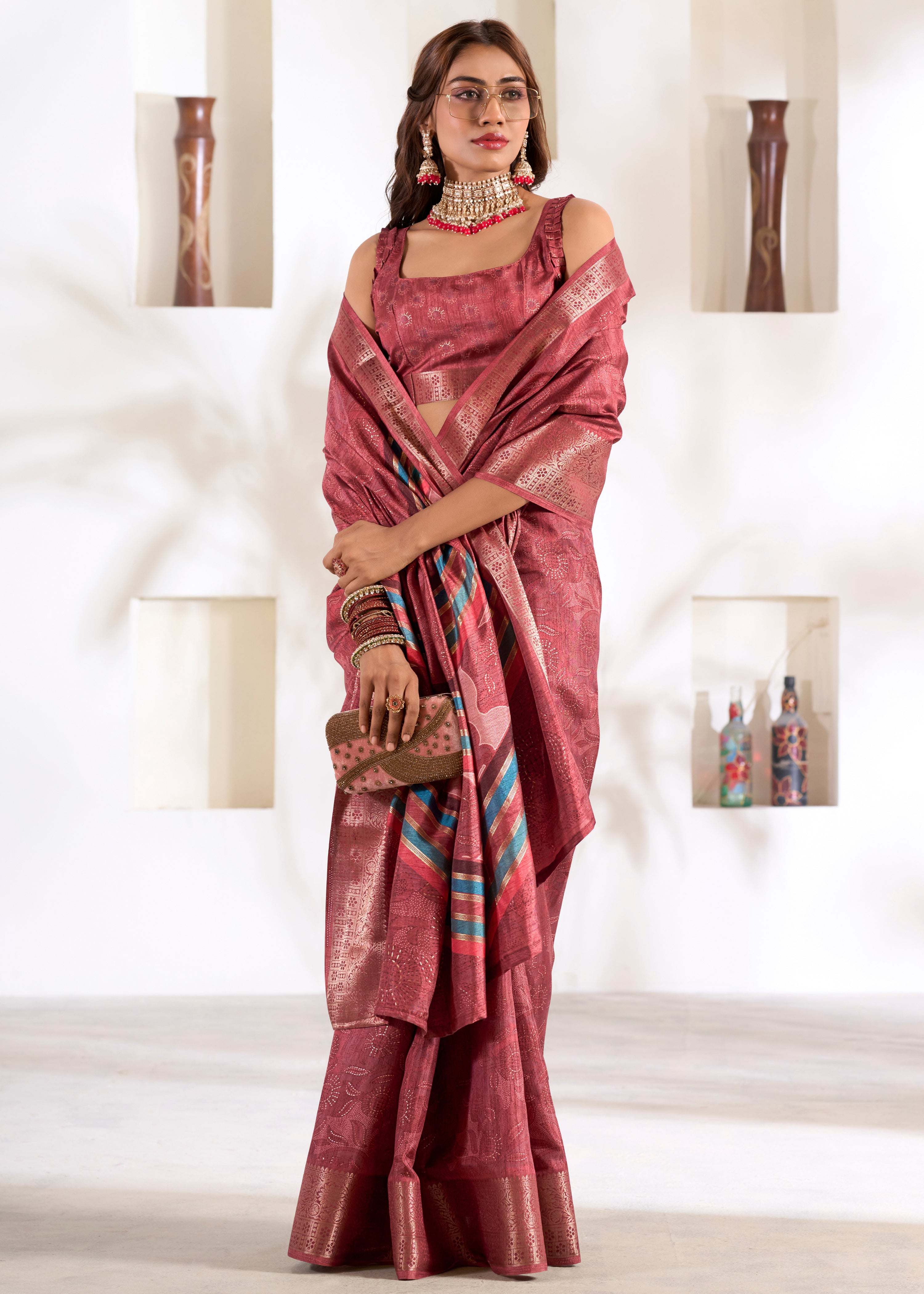 Maroon Soft Dola Silk Saree With Foil Print With Jacquard Woven Work