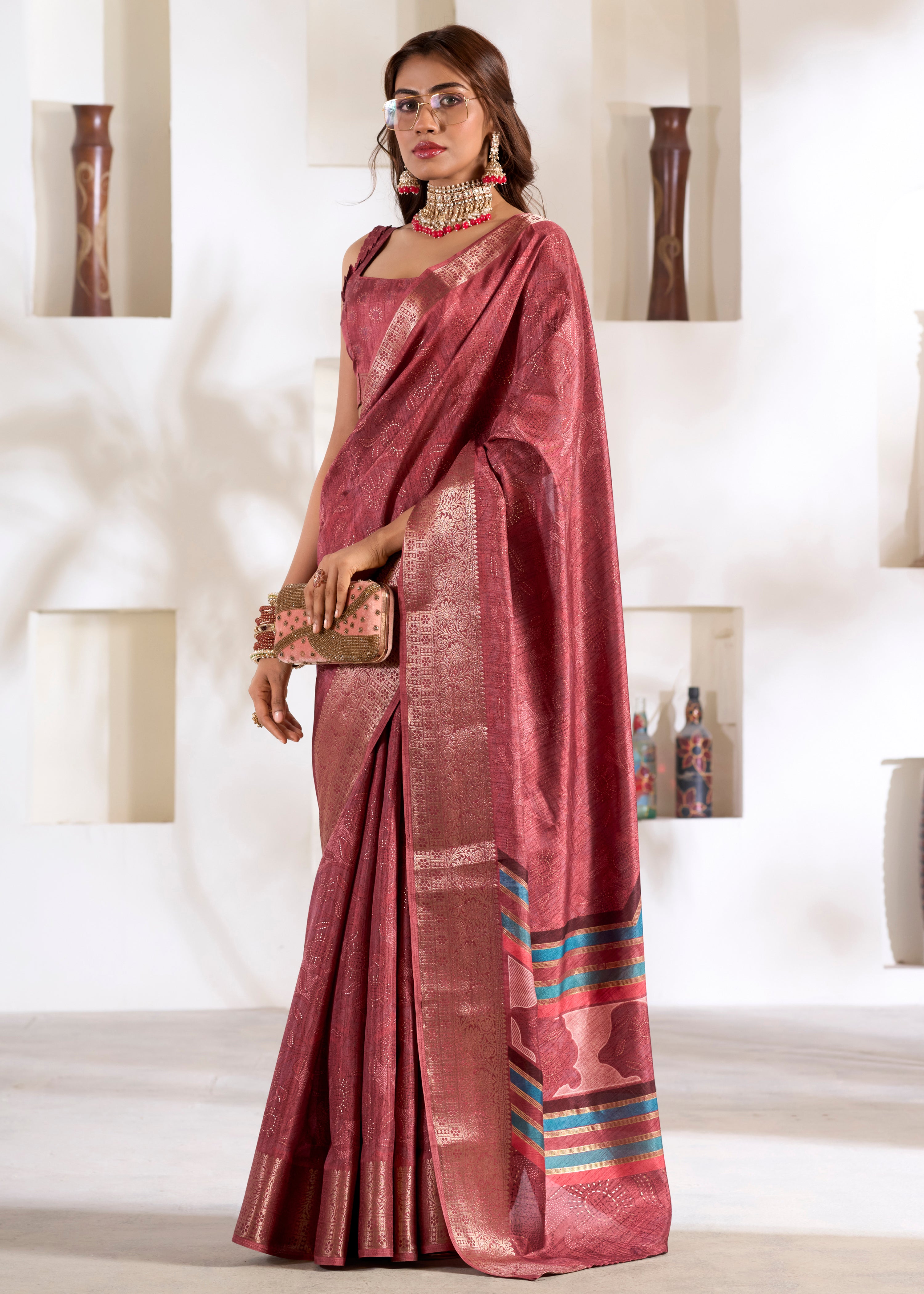 Maroon Soft Dola Silk Saree With Foil Print With Jacquard Woven Work