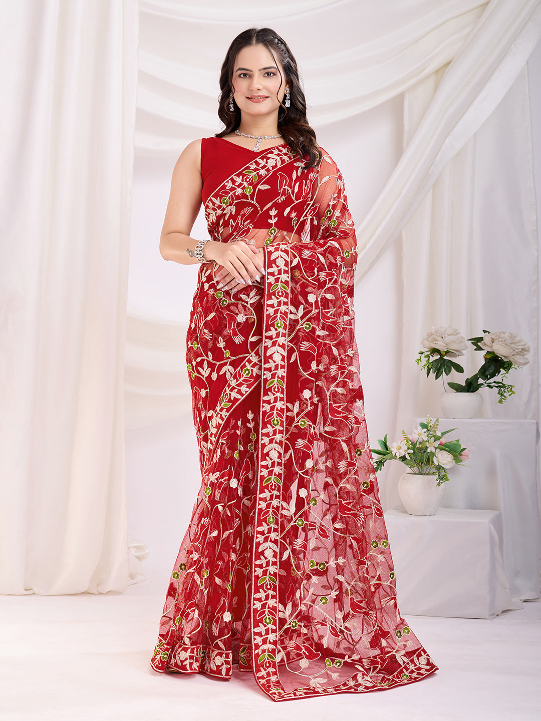 Maroon Soft Net Designer Thread Embroidery Work Girlie Partywear Saree
