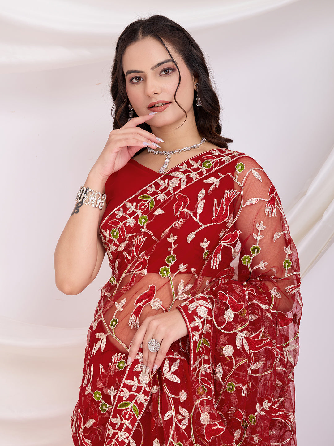 Maroon Soft Net Designer Thread Embroidery Work Girlie Partywear Saree