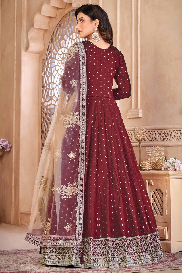 Maroon Taffeta Butti Heavy Thread Embroidery Sequins Work Anarkali Suits