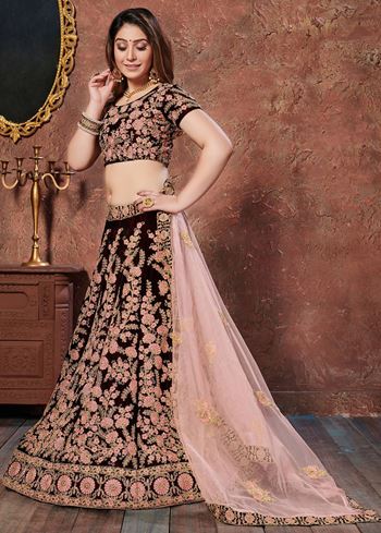 Maroon Thread Embroidery Velvet Silk Bridal Wear Lehenga Choli and Pastel Pink Dupatta