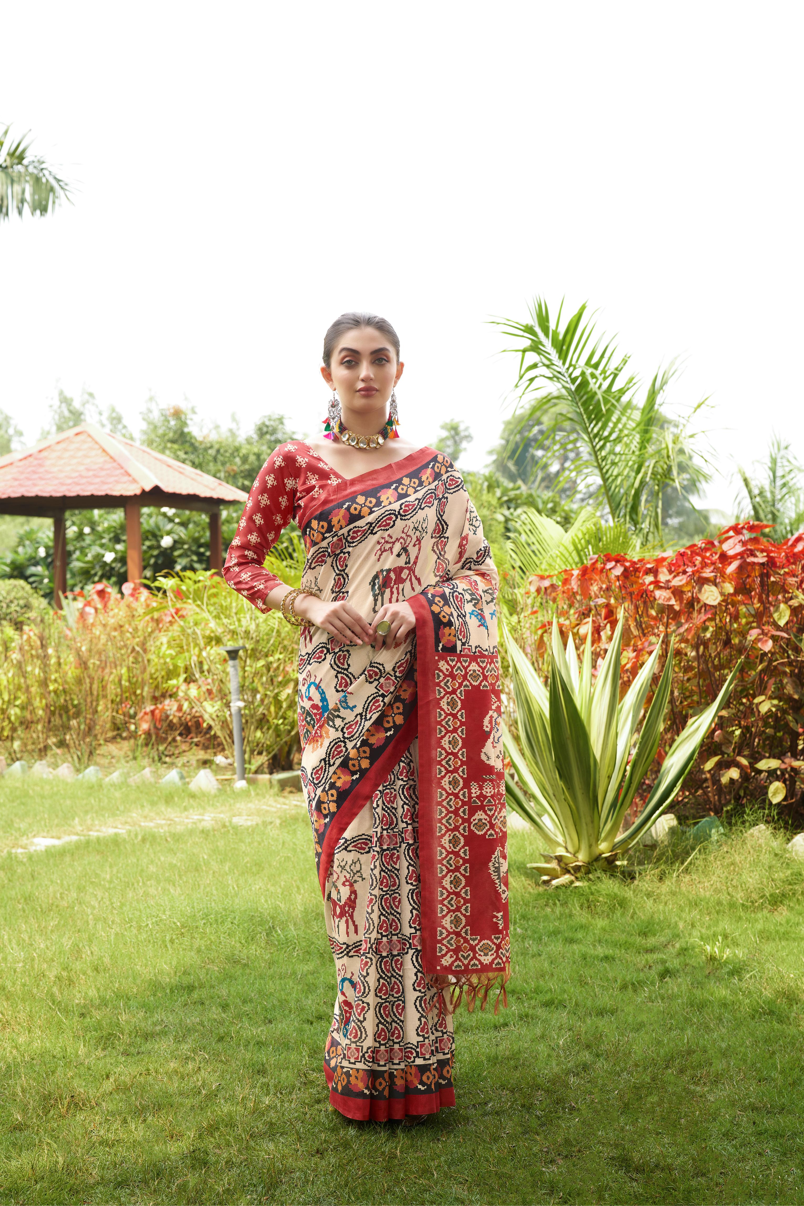 Maroon Tussar Silk Fabric Designer Patola Printed Ethnic Traditional Saree