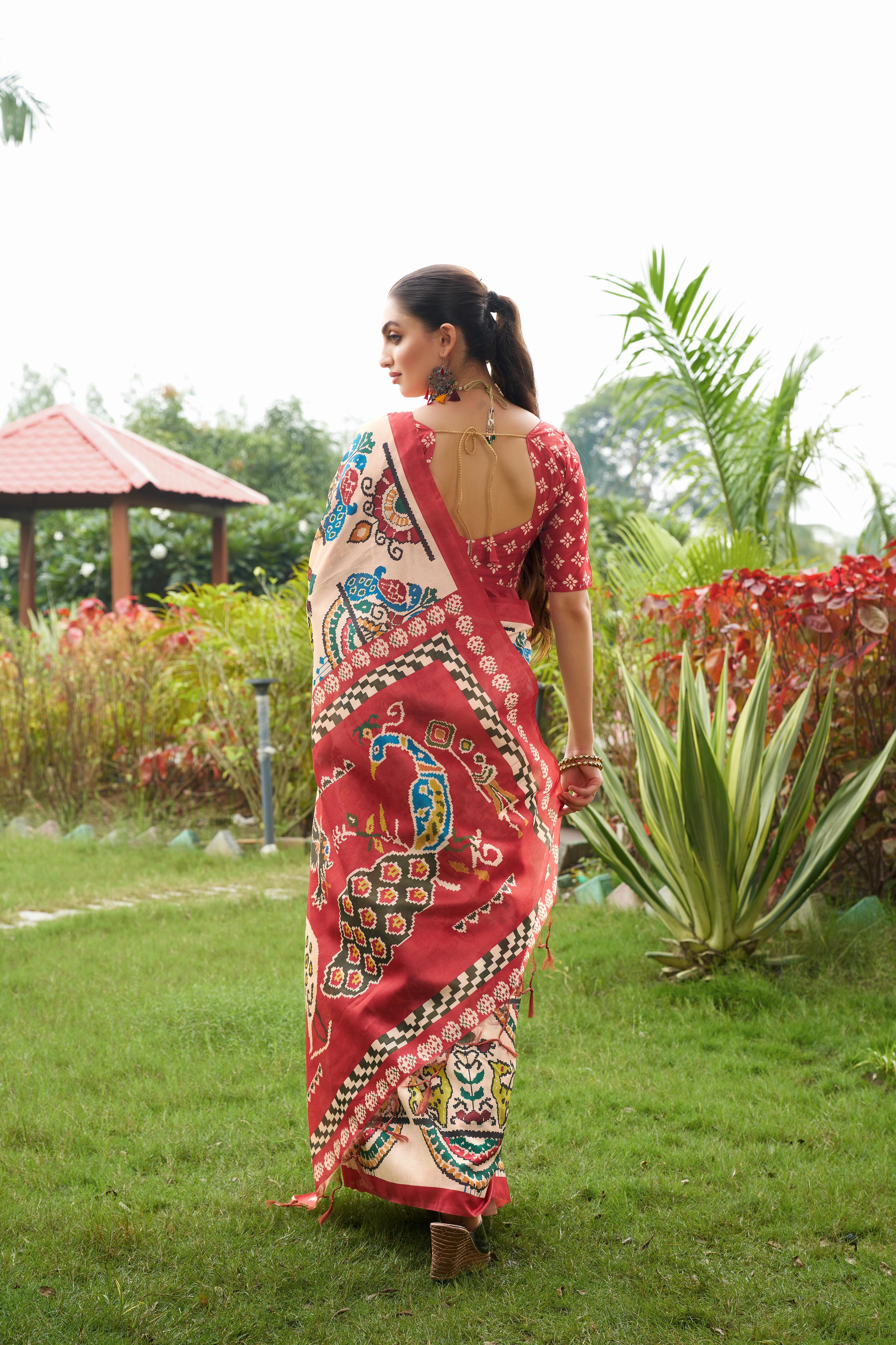 Maroon Tussar Silk Fabric Designer Patola Printed Ethnic Traditional Saree