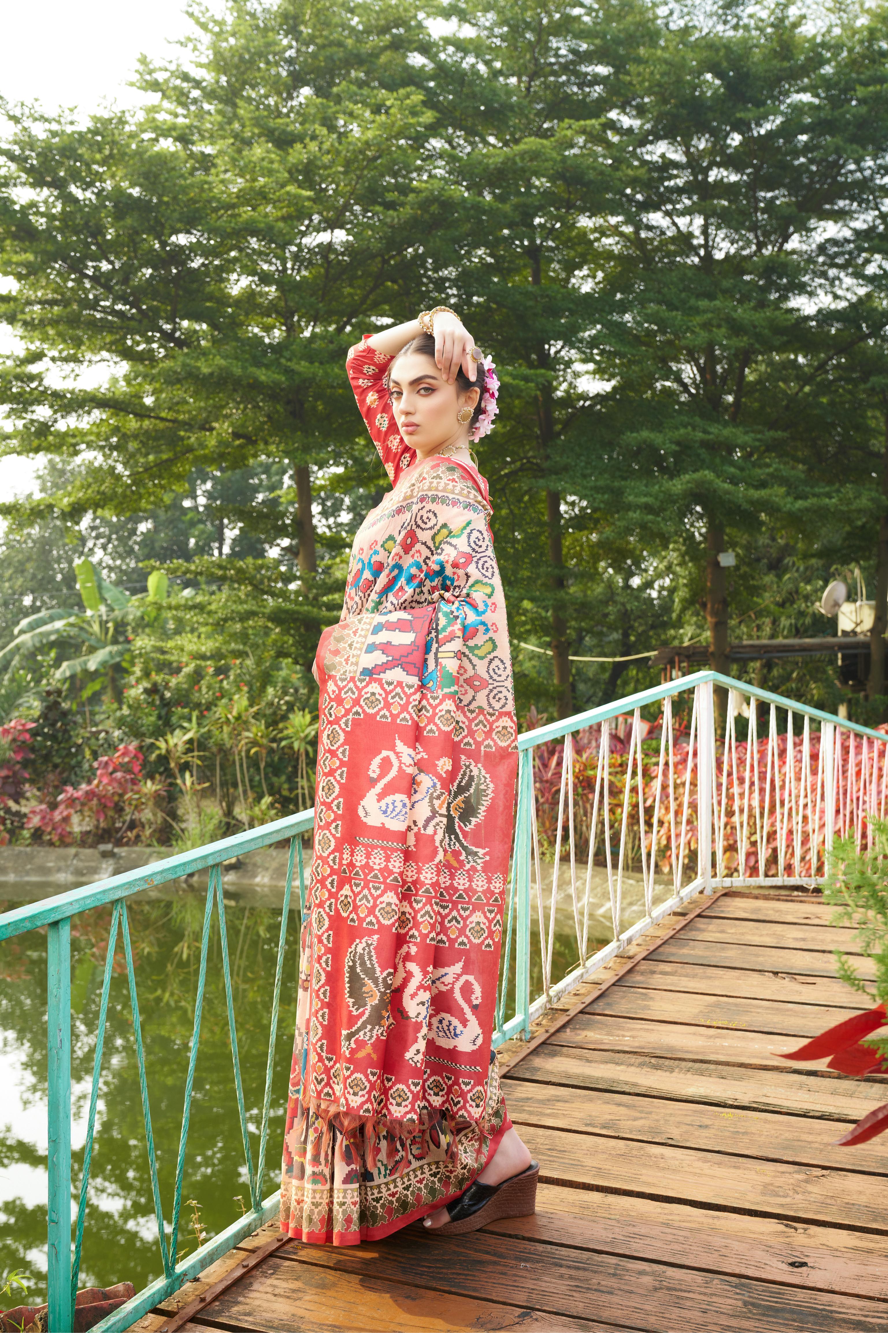 Maroon Tussar Silk Fabric Designer Patola Printed Ethnic Traditional Saree