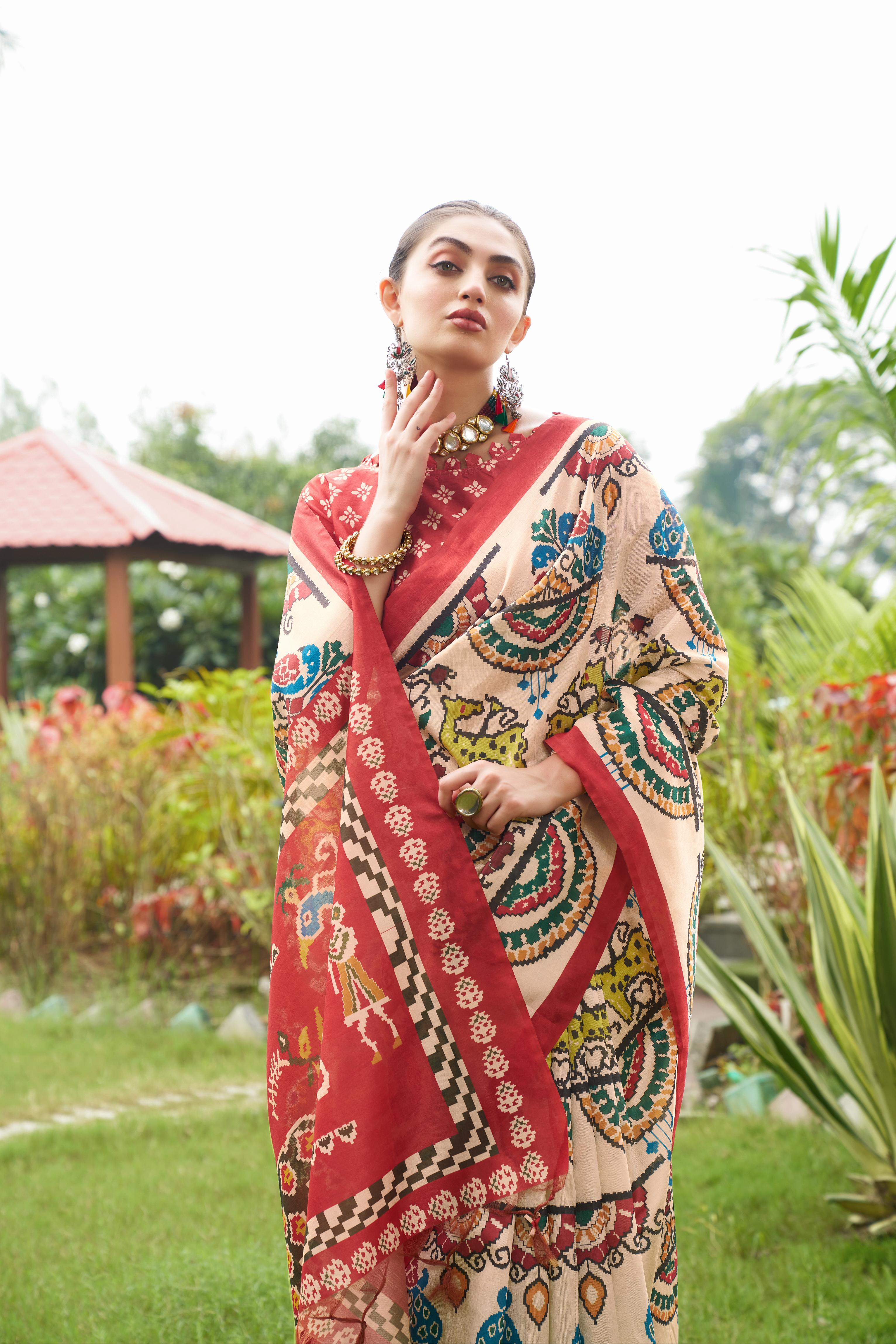 Maroon Tussar Silk Fabric Designer Patola Printed Ethnic Traditional Saree