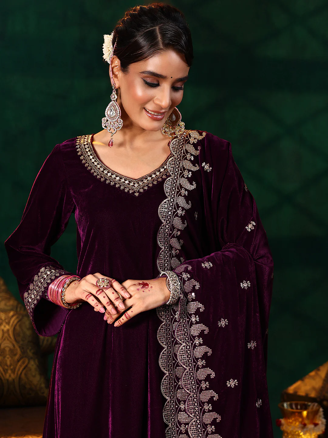 Maroon Velvet Kurta Pant Set With Heavy Thread Embroidery Work On Neck, Sleeve And Dupatta