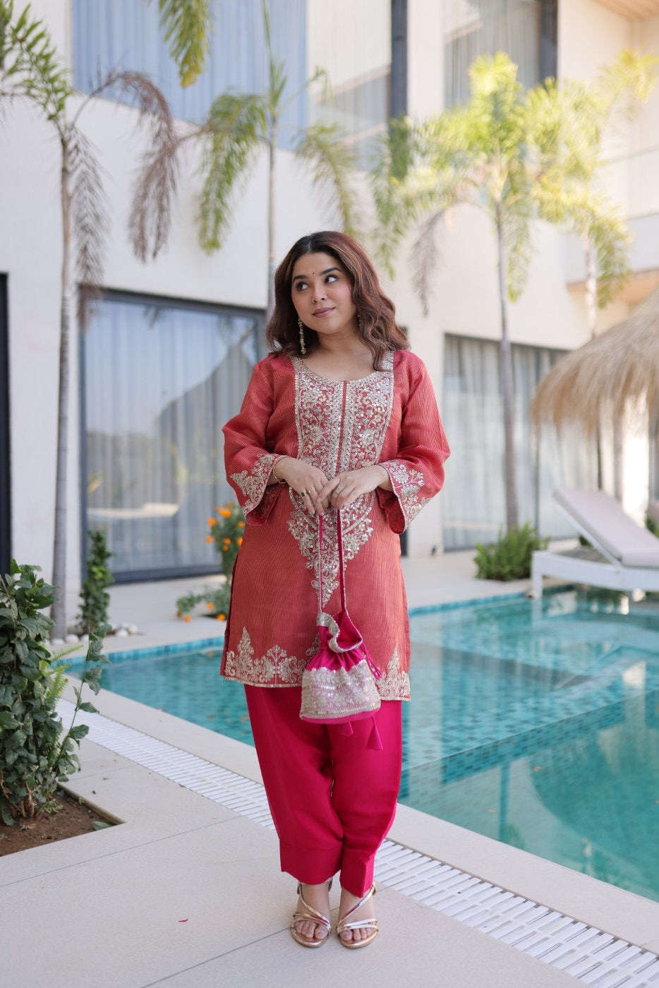 Maroon Viscose Designer Suit Set With Zari Embroidery