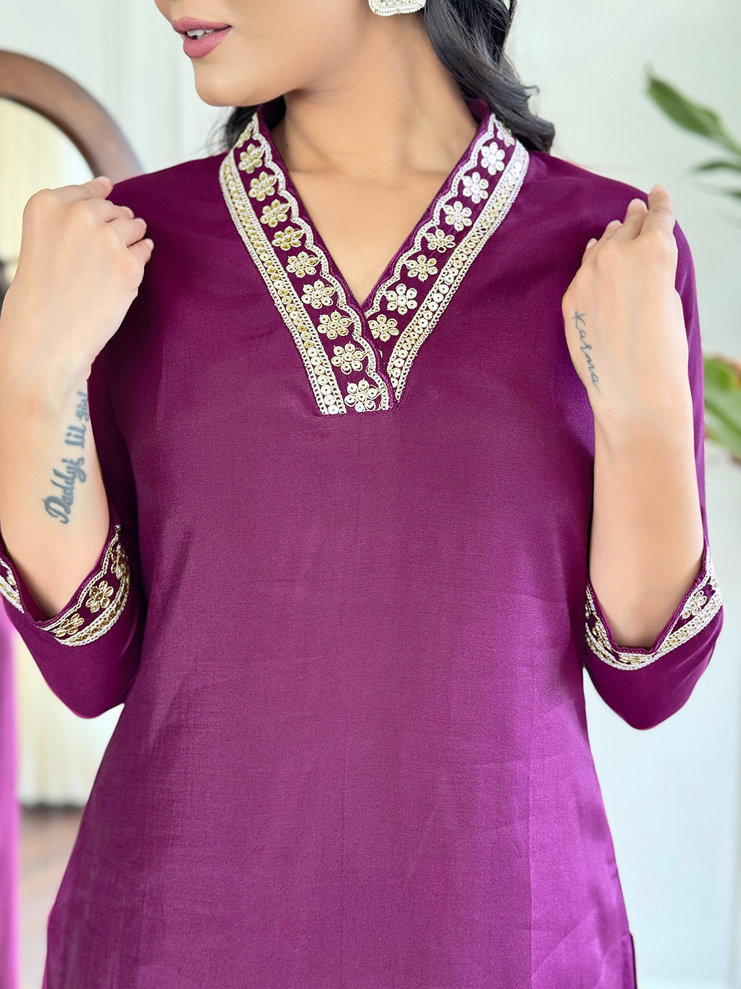 Maroon Viscose Silk Elegant Kurta Pant Set With Embroidery Work