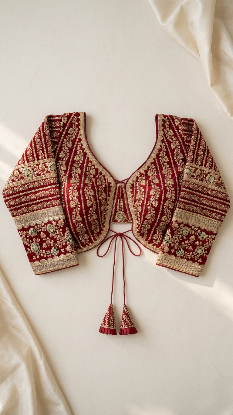 Maroon Beautiful Long Sleeves Backless Bridal Blouse With Embroidery Sequins Work