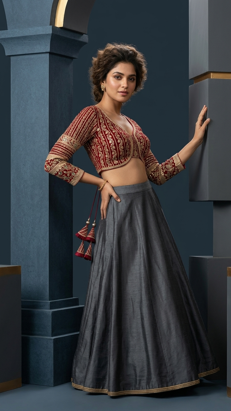 Maroon Beautiful Long Sleeves Backless Bridal Blouse With Embroidery Sequins Work