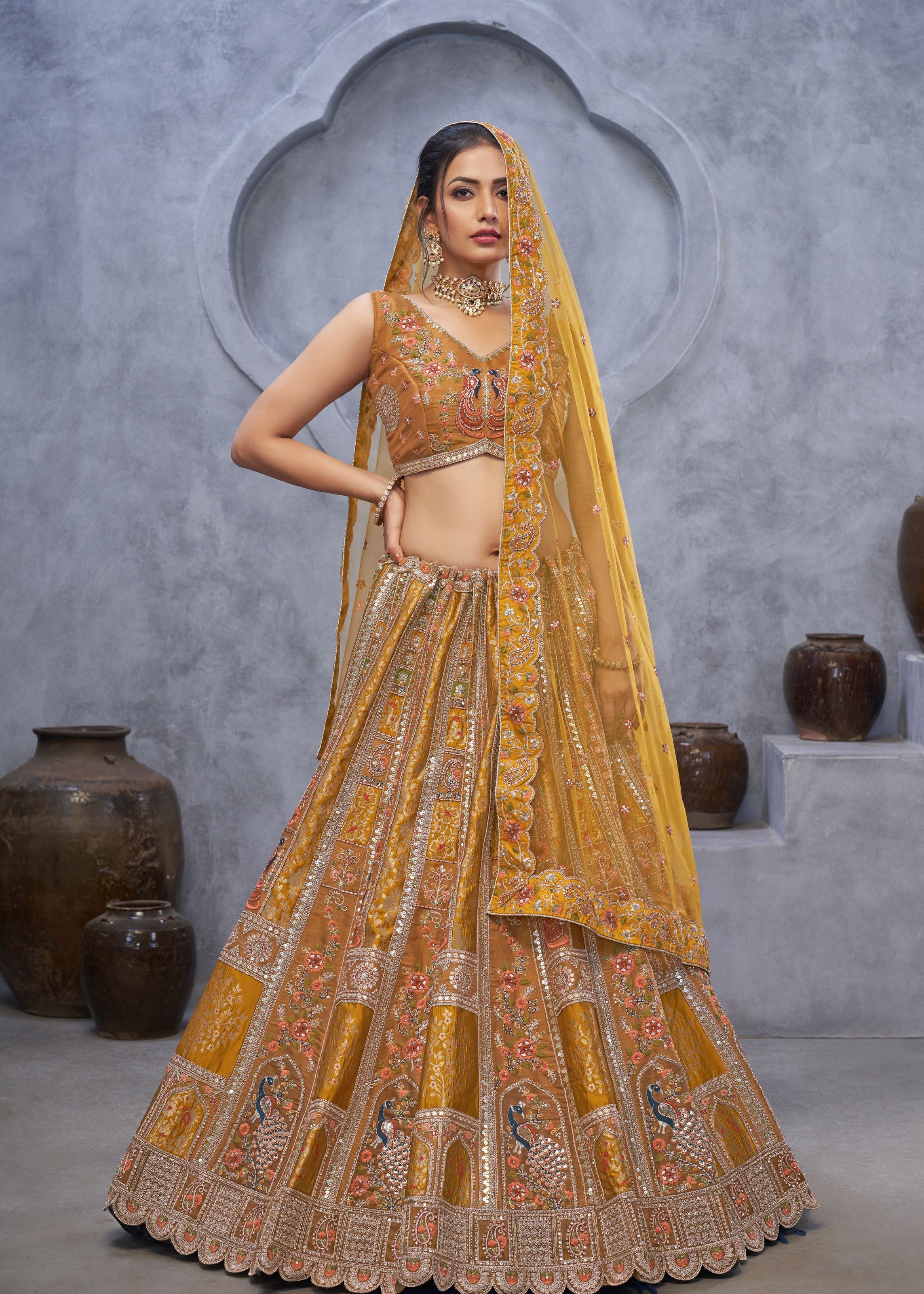Marvelous Mustard Bridal Lehenga Choli With Peacock Embroidery