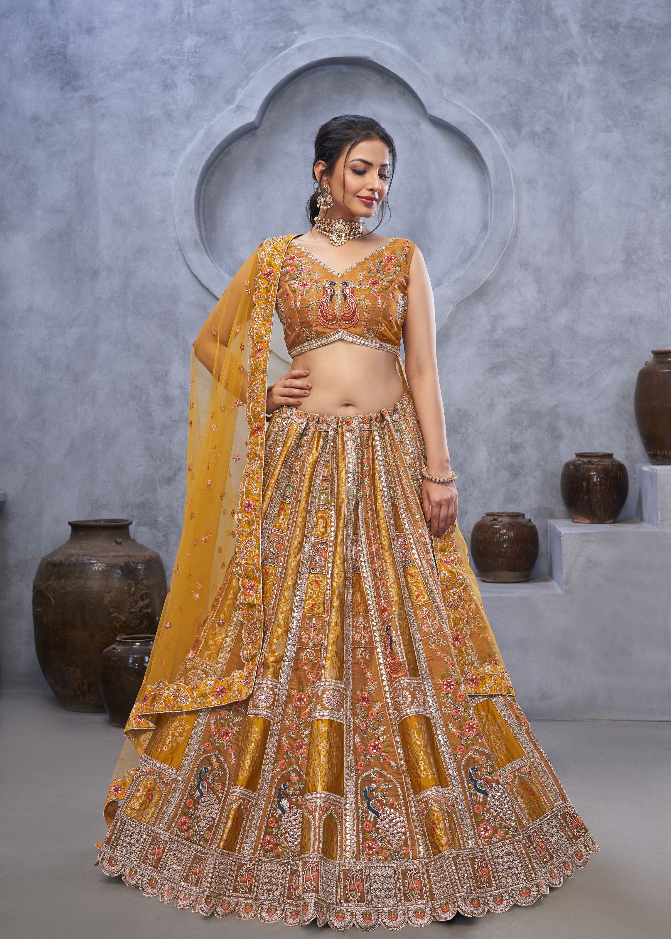 Marvelous Mustard Bridal Lehenga Choli With Peacock Embroidery