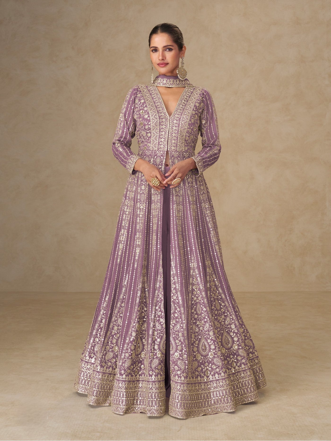 Mauve Chinon Designer Suit Set With Elegant Embroidery
