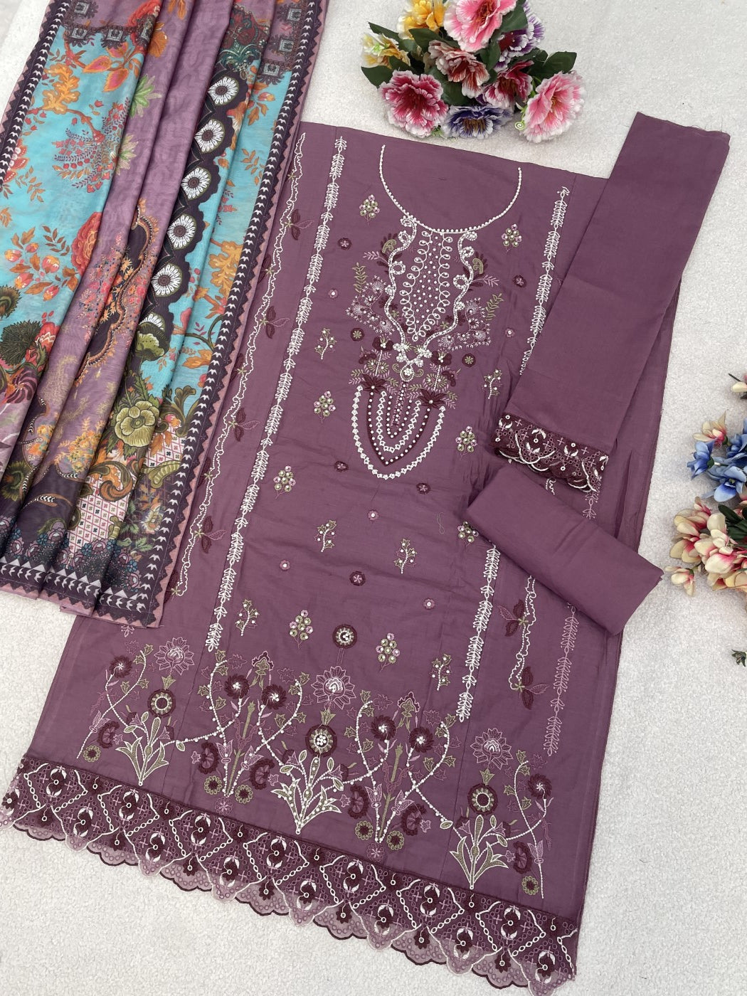 Mauve Cotton Designer Suit Set With Elegant Embroidery