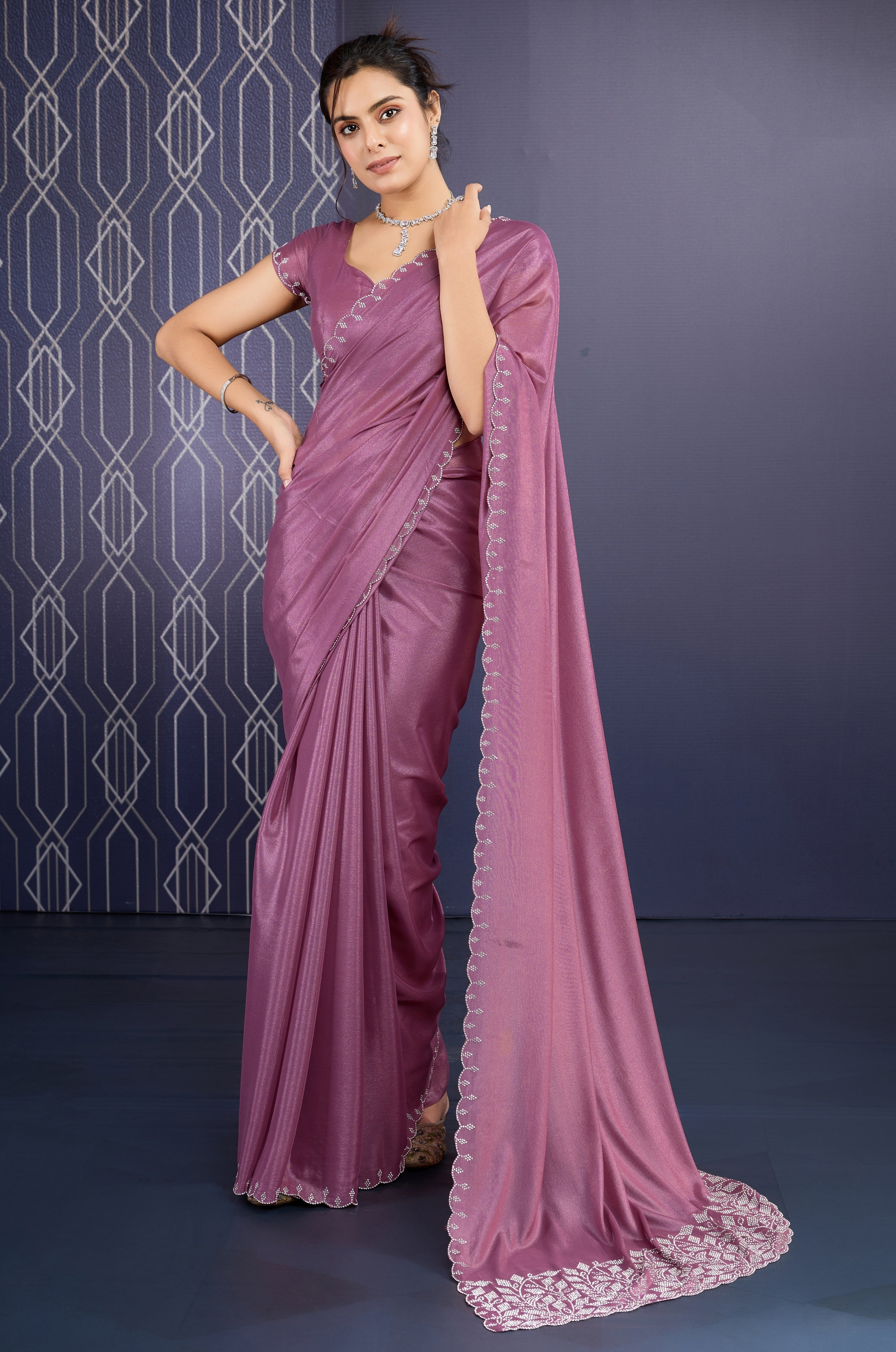Mauve Ice Georgette Saree with Elegant Zarkan Border Work