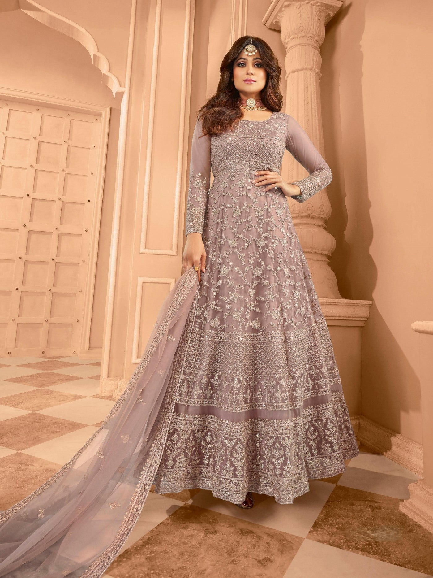 Mauve Net Designer Suit Set With Intricate Embroidery