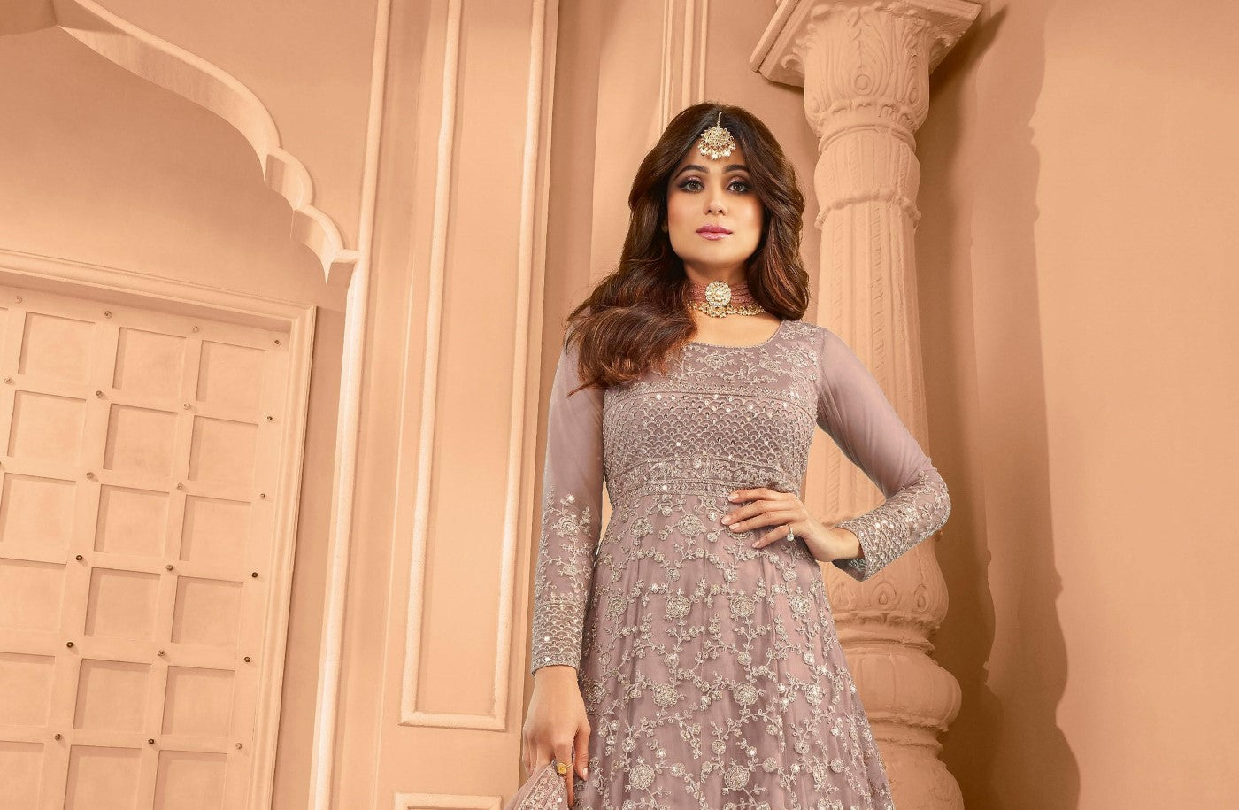 Mauve Net Designer Suit Set With Intricate Embroidery