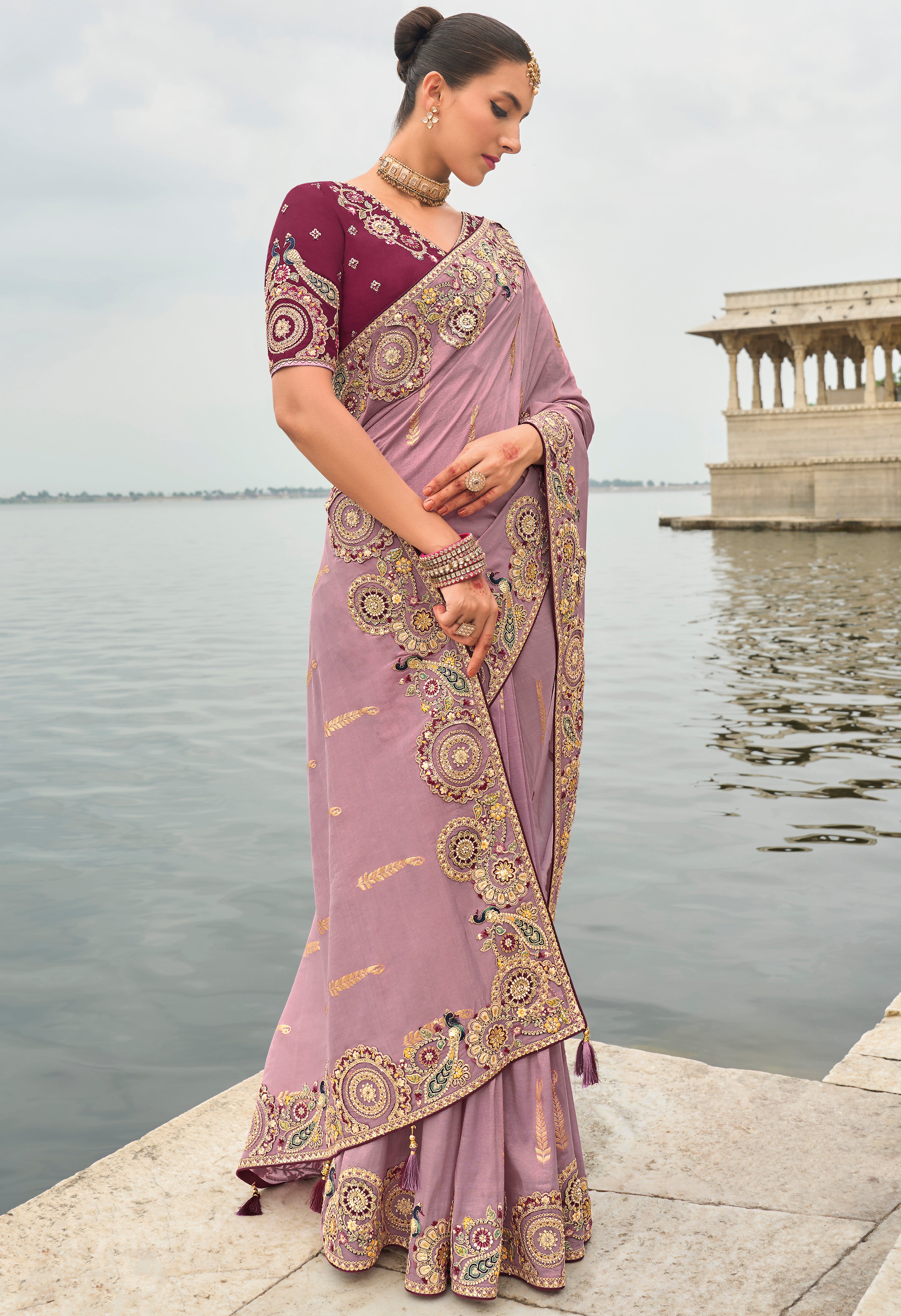 Mauve Silk Saree With Embroidery Work