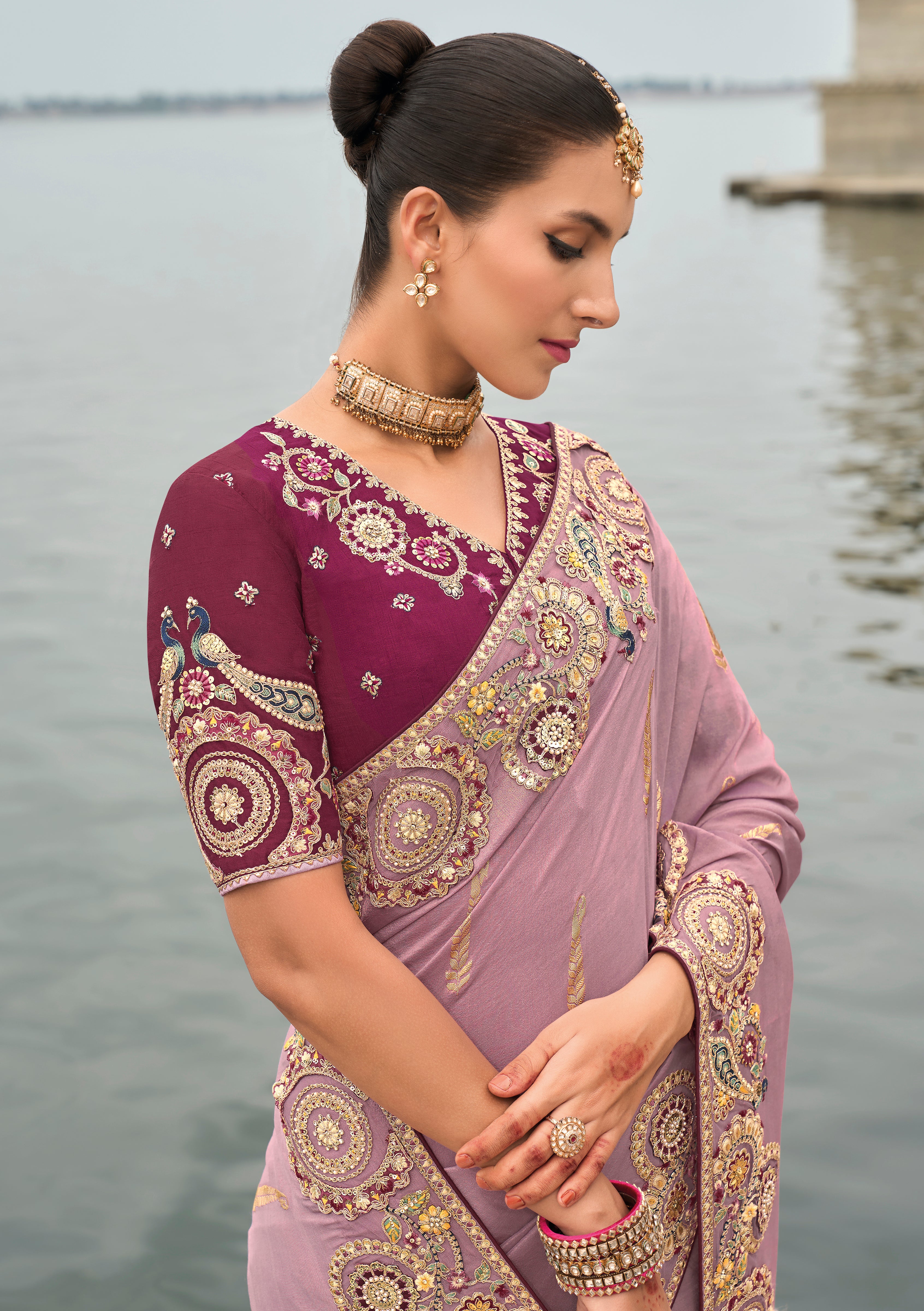Mauve Silk Saree With Embroidery Work