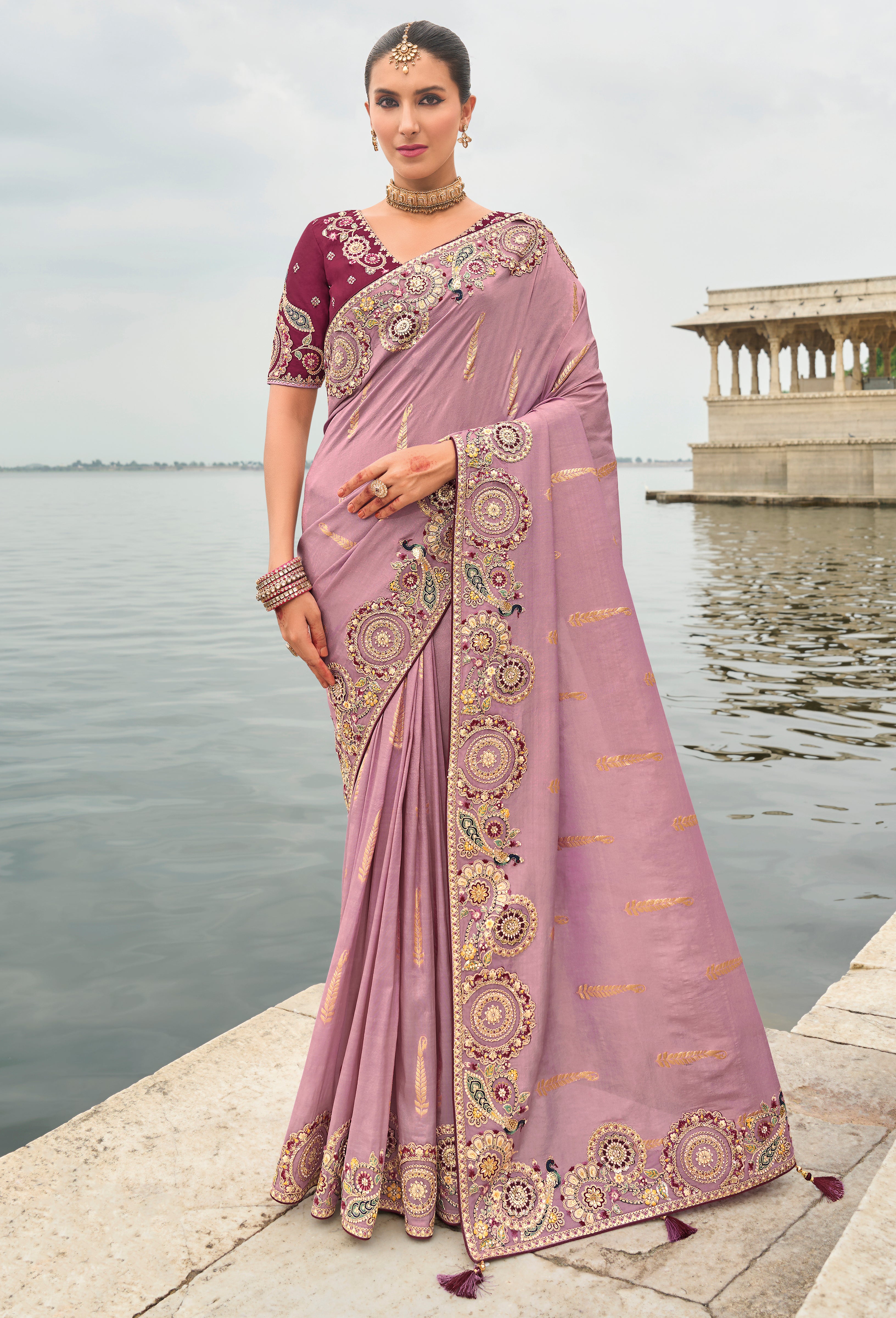 Mauve Silk Saree With Embroidery Work