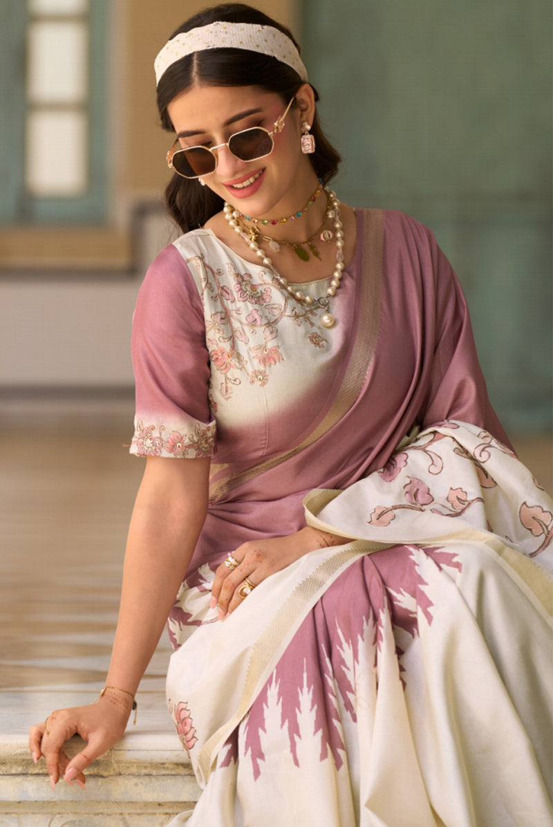 Mauve & Cream Saree With Print