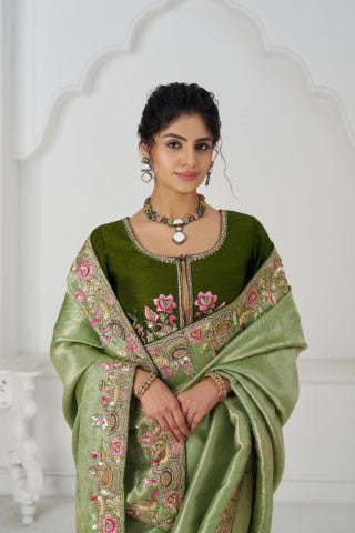 Mehendi Color Saree With Multi-Thread And Sequins Embroidery For Wedding