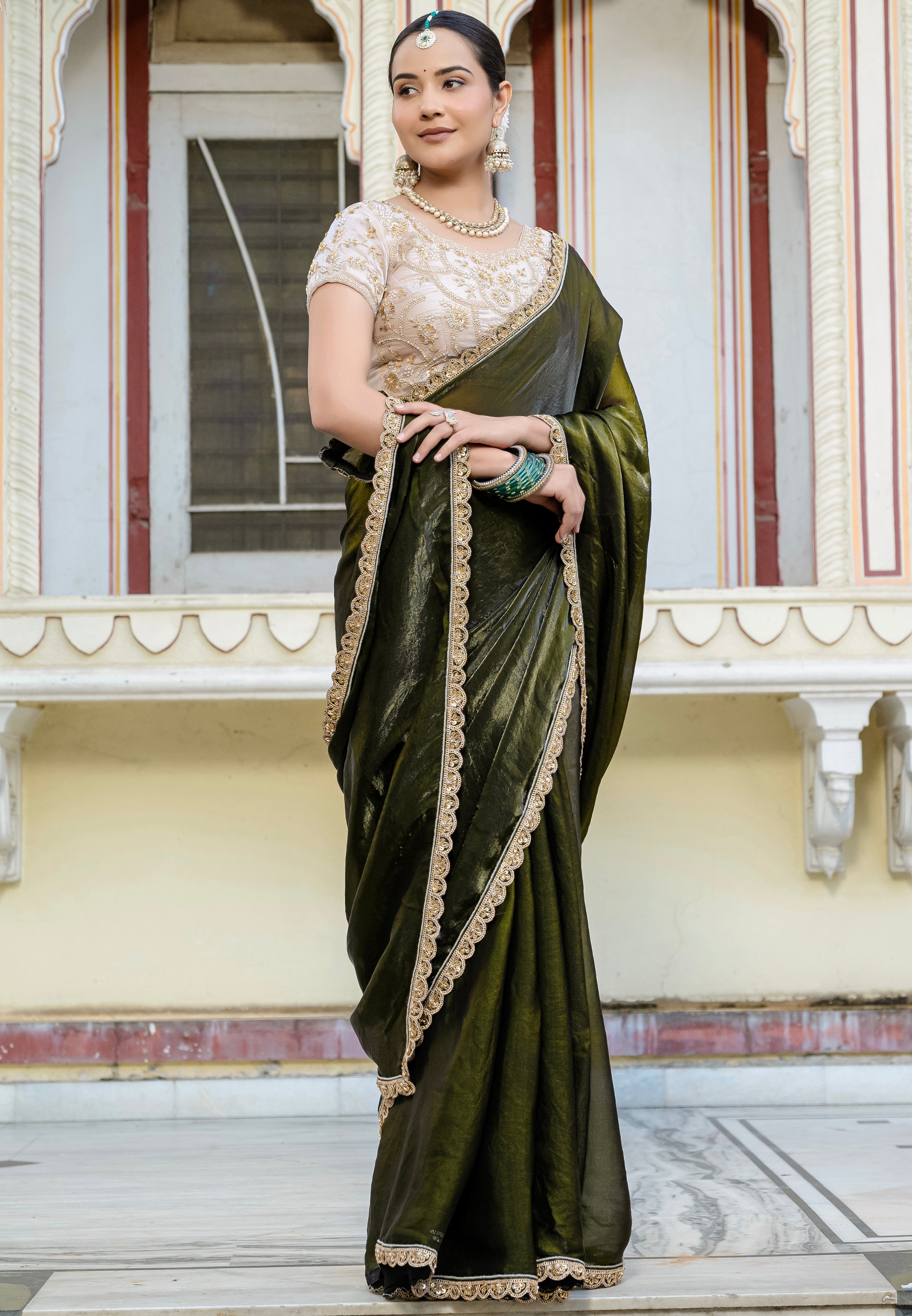 Mehendi Color Satin with Velvet Lustre Saree With Handwork Lace