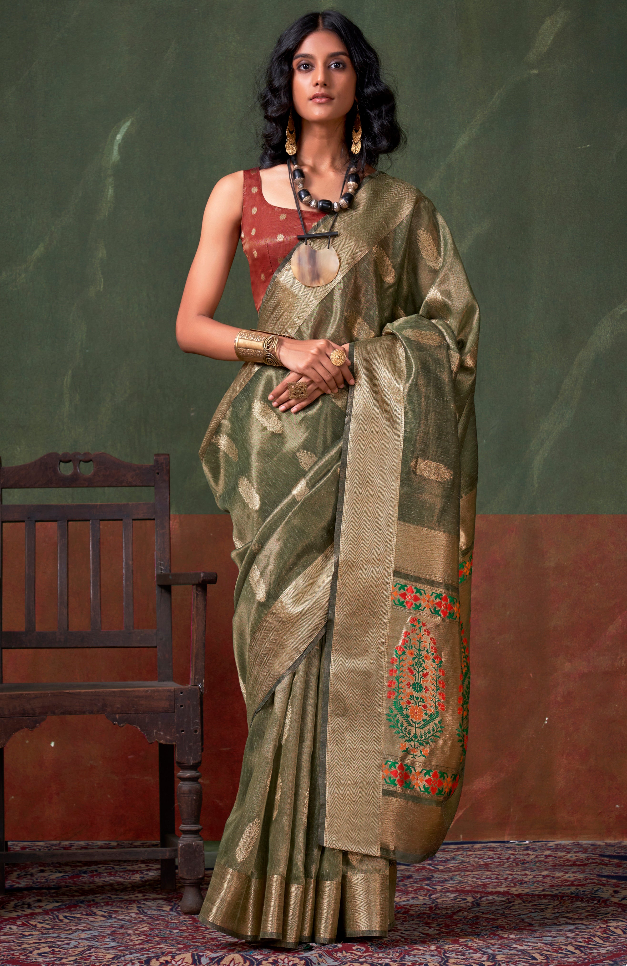 Mehendi Color Tissue Silk Saree With Jacquard Woven Work